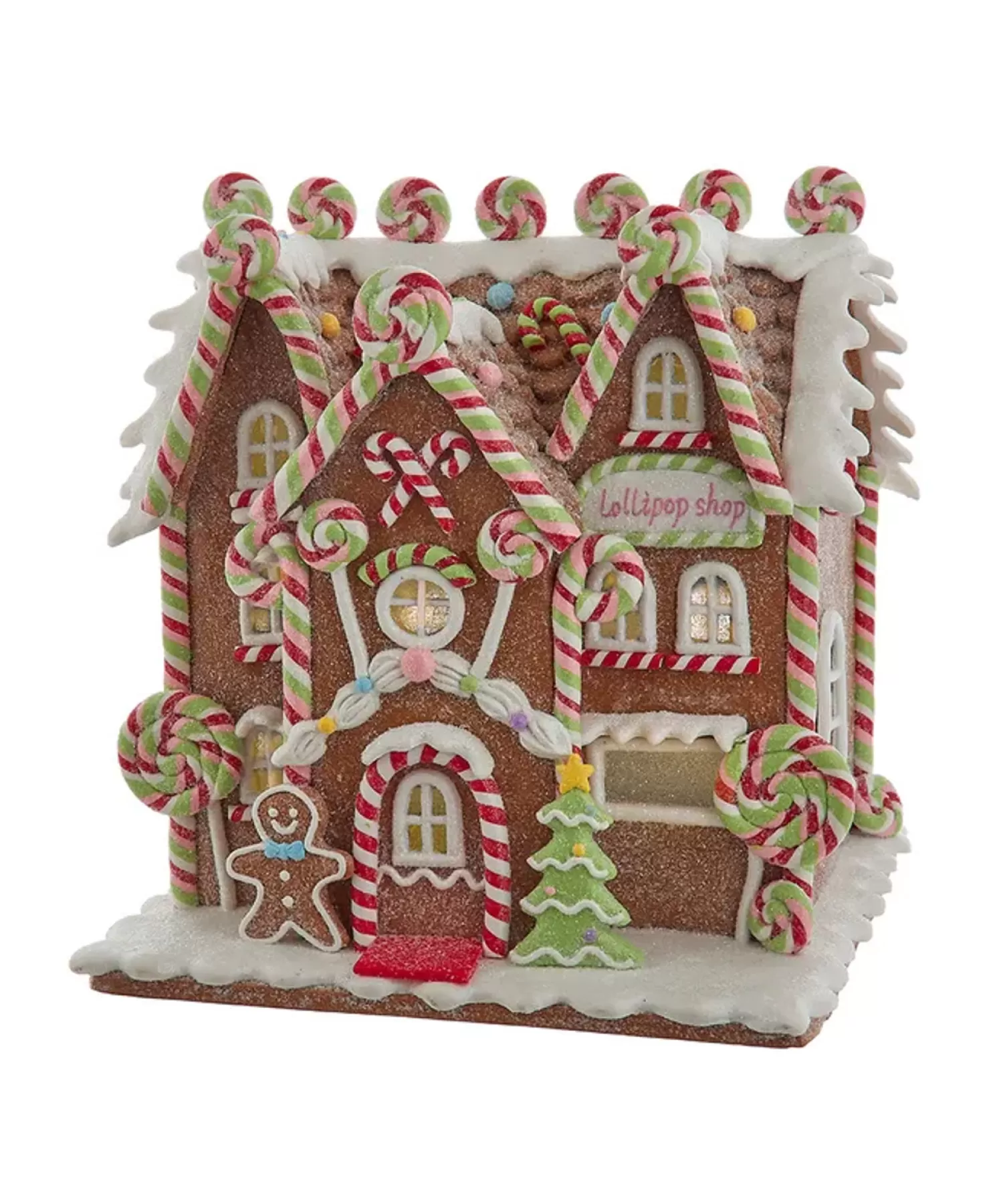 The Jolly Christmas Shop Gingerbread | Candy Land | Kurt Adler 8" Battery Operated LED Lighted Gingerbread Lollipop Shop JEL1416