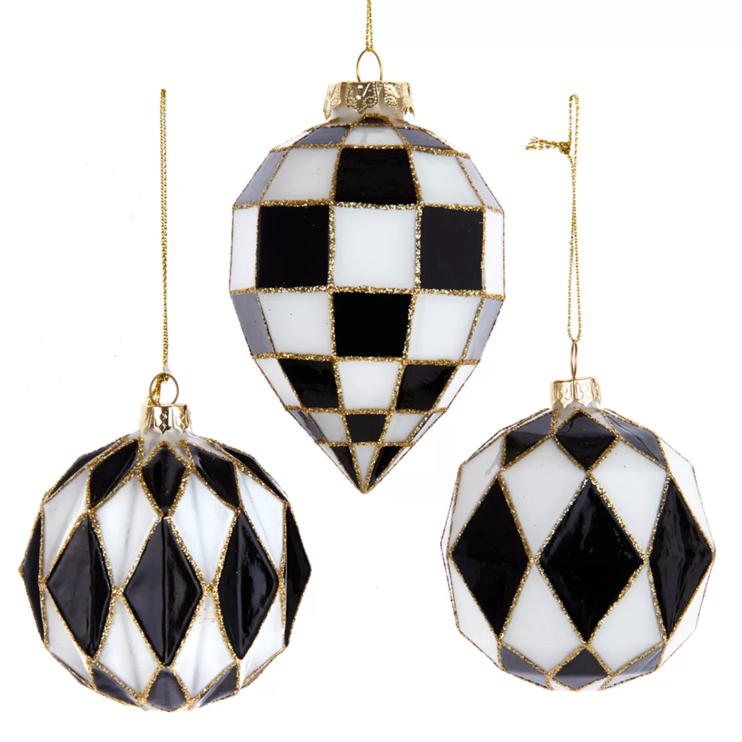 The Jolly Christmas Shop Glass Ornaments | Ball Ornaments | Kurt Adler Black And White Harlequin Ball And Finial Glass Christmas Ornament T3145