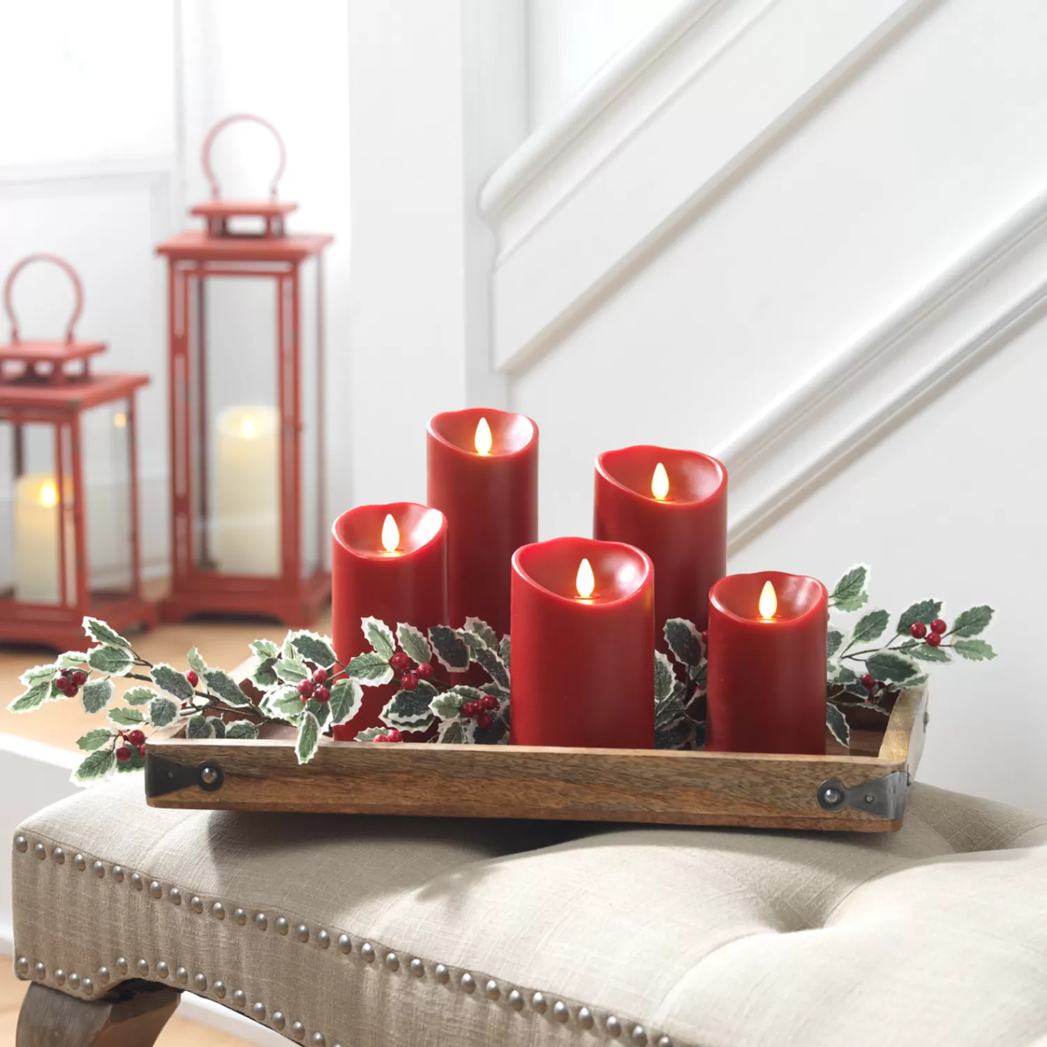 The Jolly Christmas Shop Sleigh Bells | O Tannebaun | Liown 3.5" X 5", 7", Or 9" Moving Flame Burgundy Red-Cinnamon Scented Pillar Battery Candle