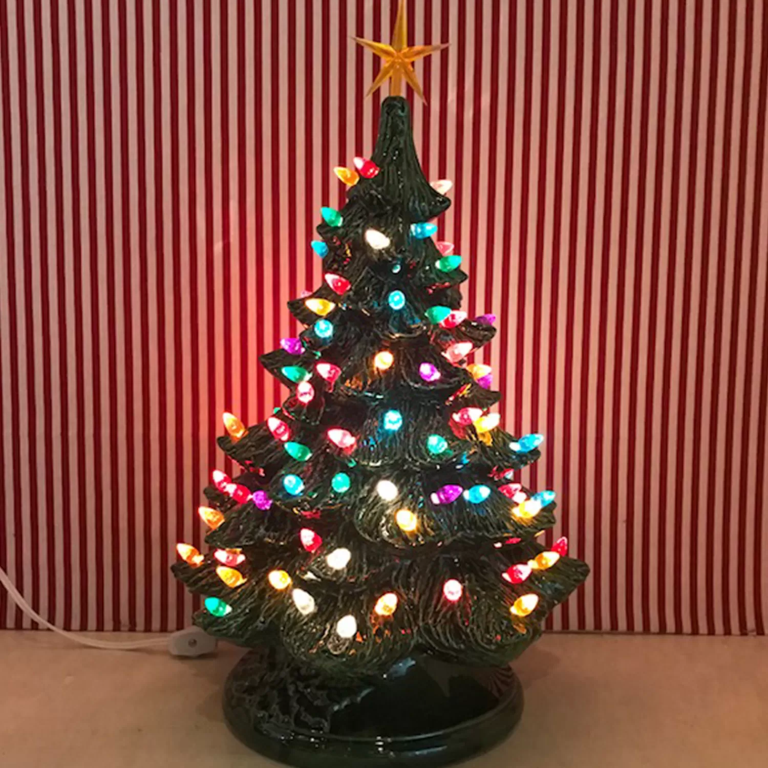 The Jolly Christmas Shop Vintage Reincarnated | Vintage Decorations | Medium Lighted Green Ceramic Christmas Tree 17"