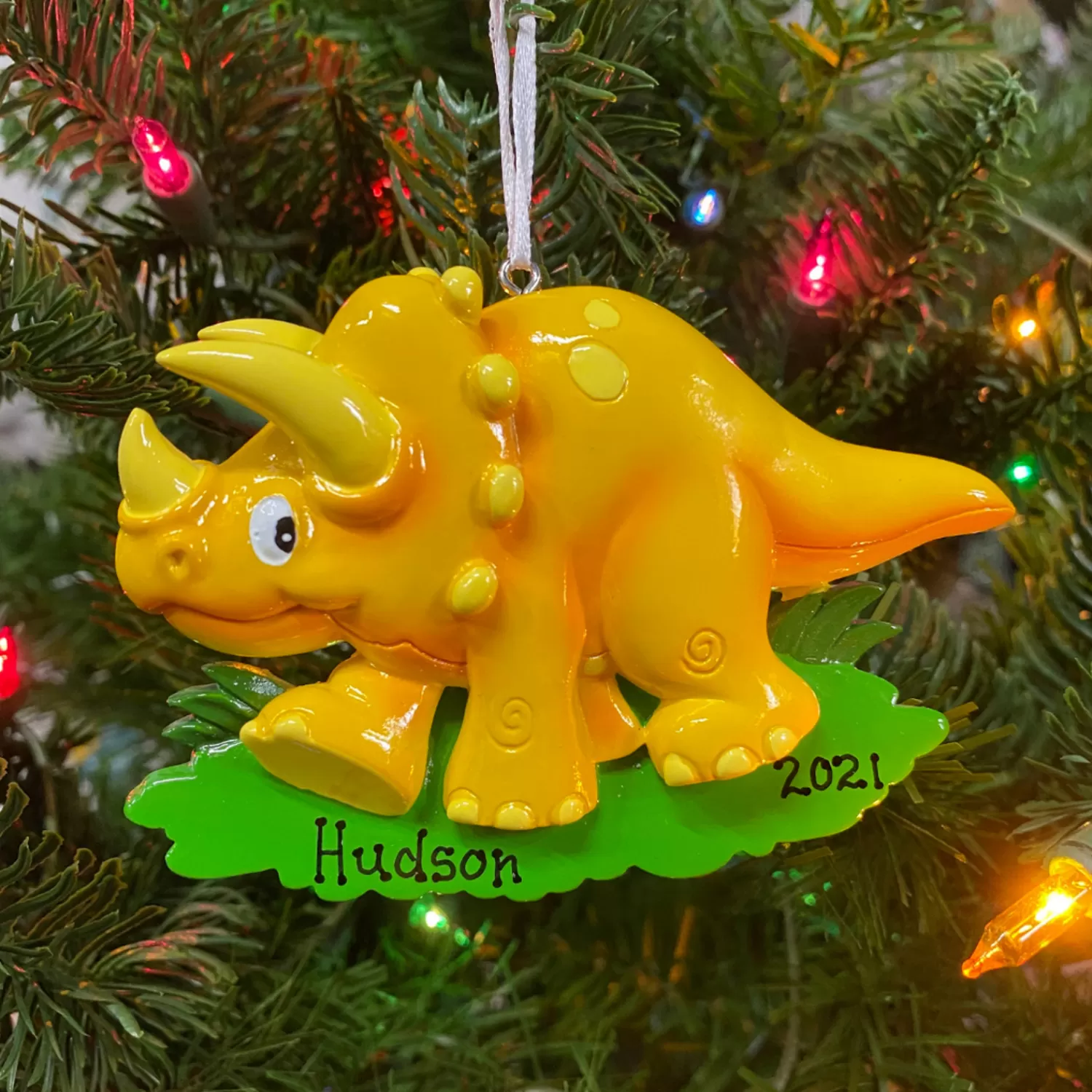 The Jolly Christmas Shop Personalized Ornaments·Misc. | Animals·Wildlife | Orange Triceratops Dinosaur Personalized Christmas Ornament OR816-C