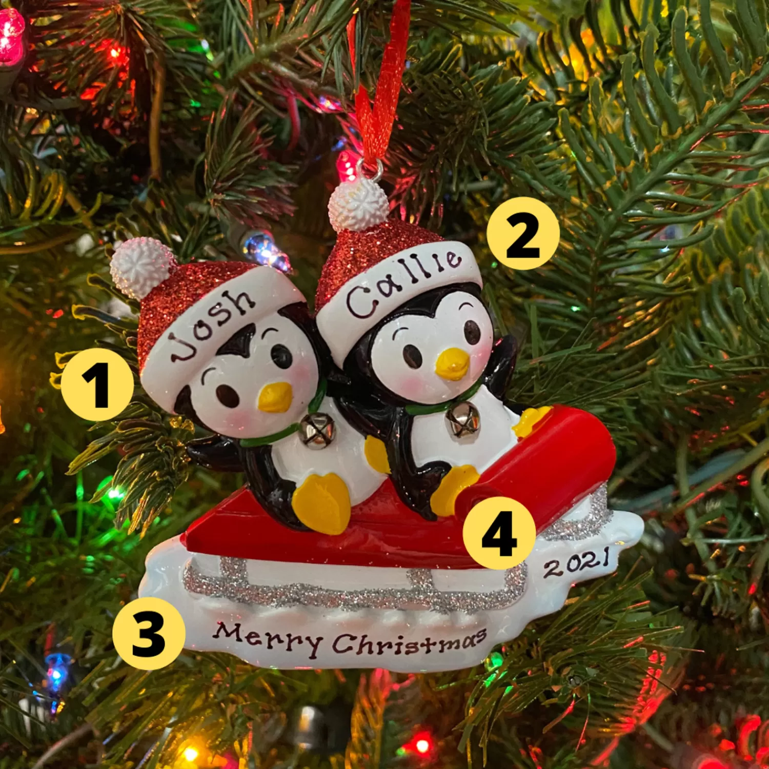 The Jolly Christmas Shop Personalized Ornaments·Misc. | Animals·Birds | Penguin Couple On Red Sled Personalized Christmas Ornament OR1915-2