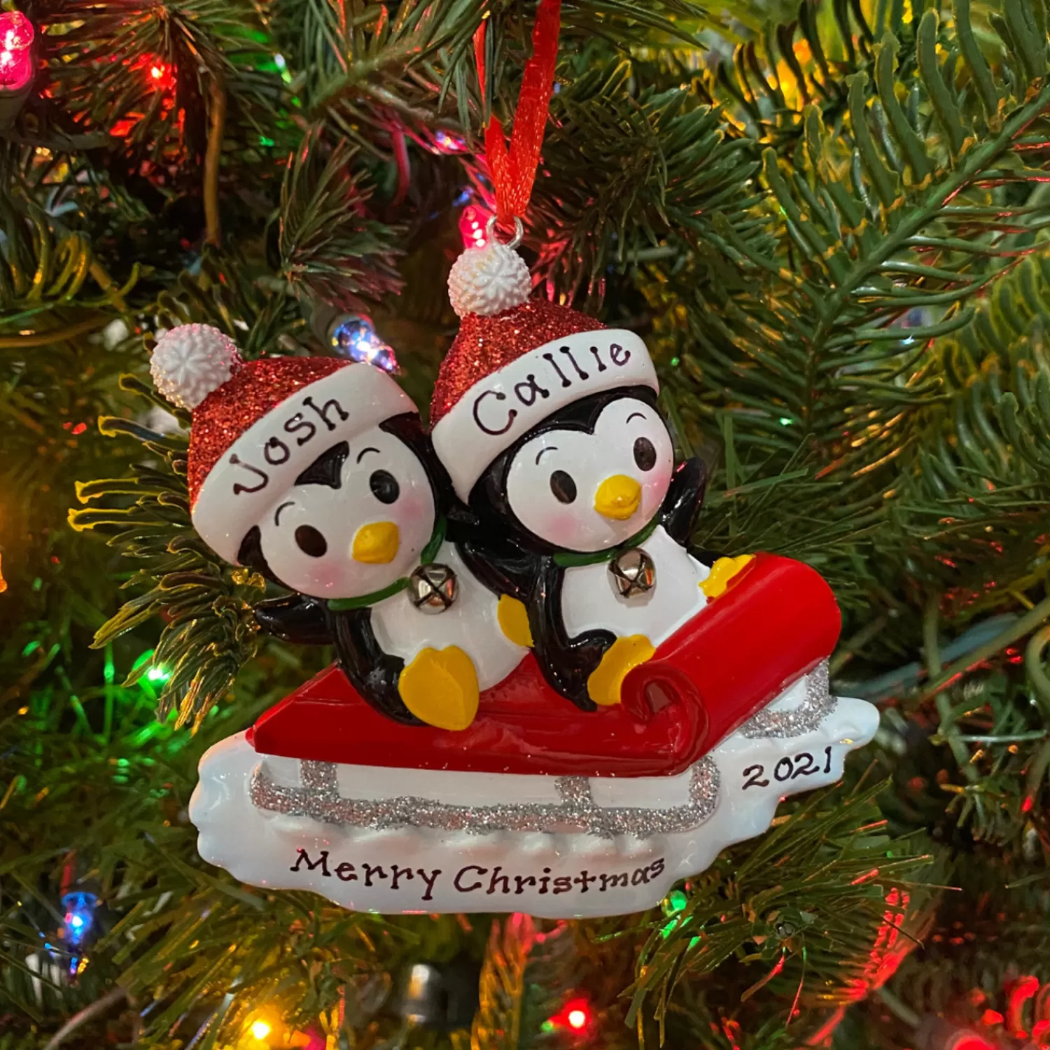 The Jolly Christmas Shop Personalized Ornaments·Misc. | Animals·Birds | Penguin Couple On Red Sled Personalized Christmas Ornament OR1915-2
