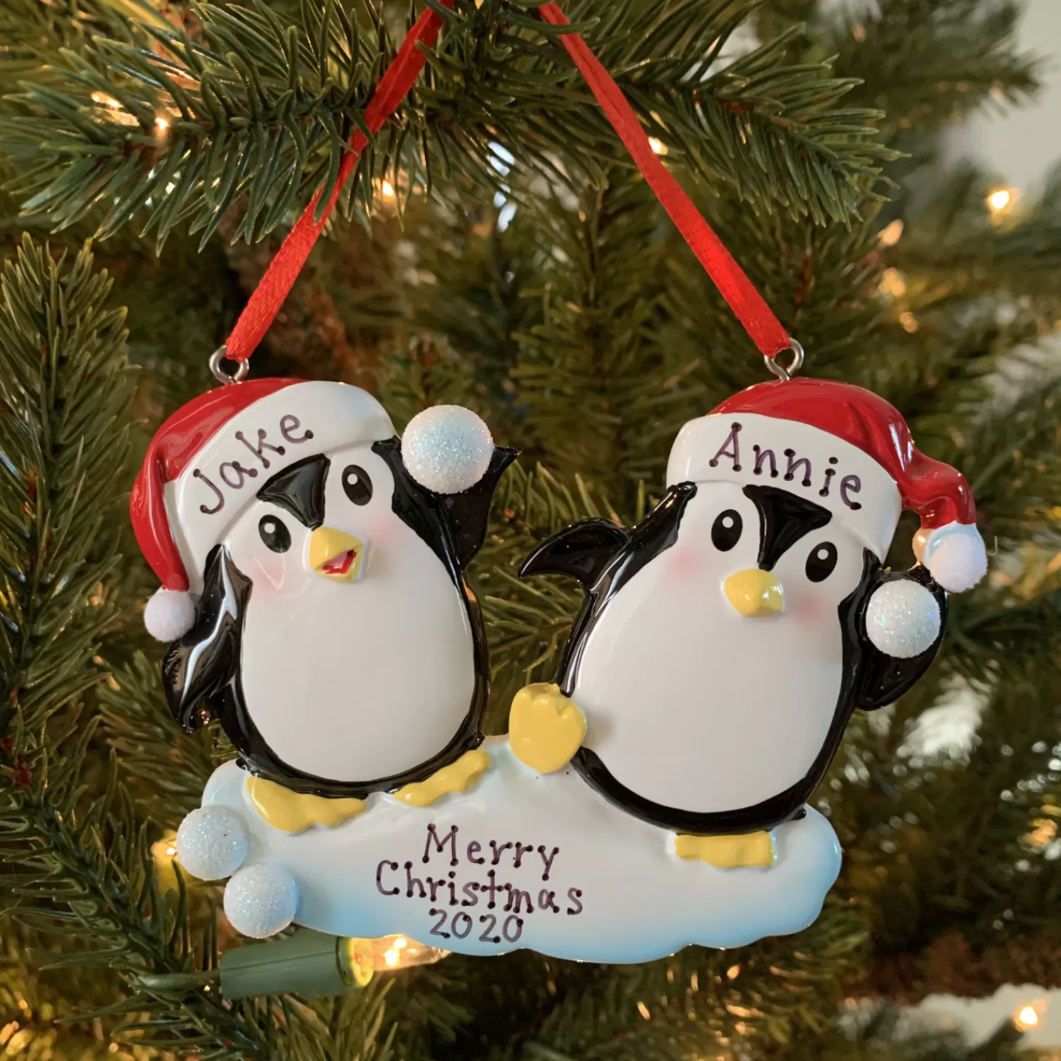 The Jolly Christmas Shop Personalized Ornaments·Wedding And Engagement Ornaments | Personalized Ornaments·Misc. | Penguin Couple Throwing Snowballs Personalized Christmas Ornament OR1318
