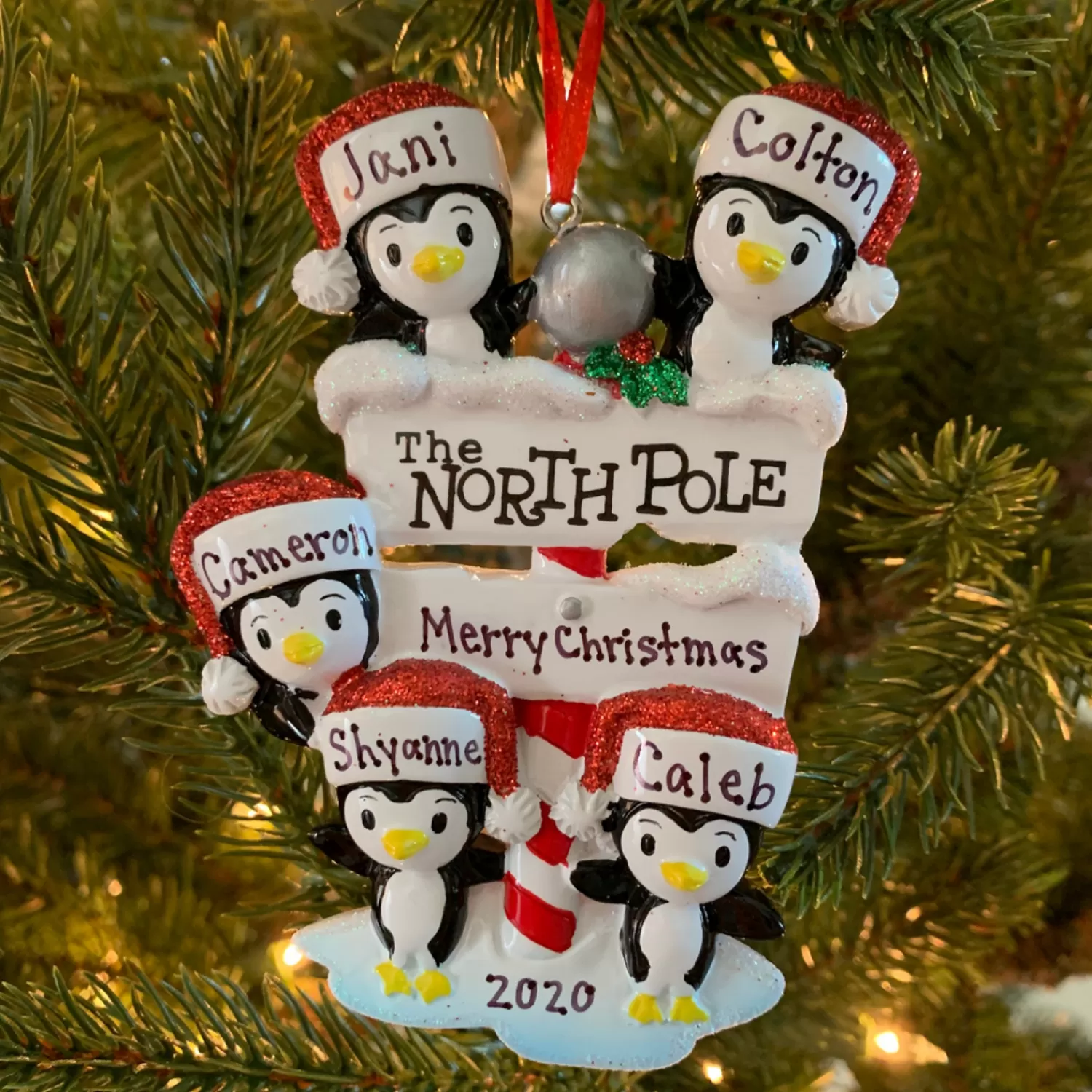 The Jolly Christmas Shop Personalized Ornaments·Family Ornaments | Animals·Birds | Penguin Family Of 5 At The North Pole Personalized Christmas Ornament OR1739-5