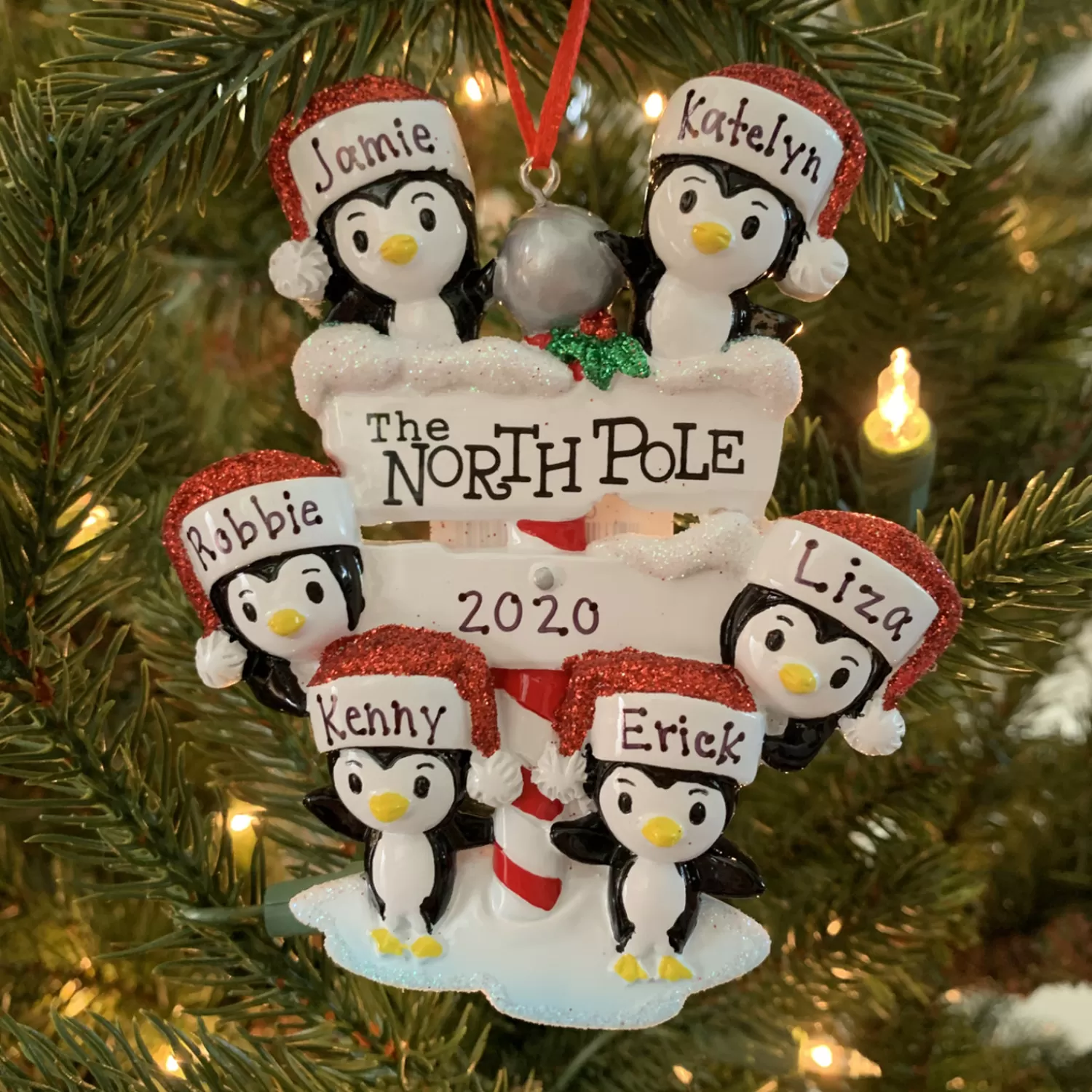The Jolly Christmas Shop Personalized Ornaments·Family Ornaments | Animals·Birds | Penguin Family Of 6 At The North Pole Personalized Christmas Ornament OR1739-6