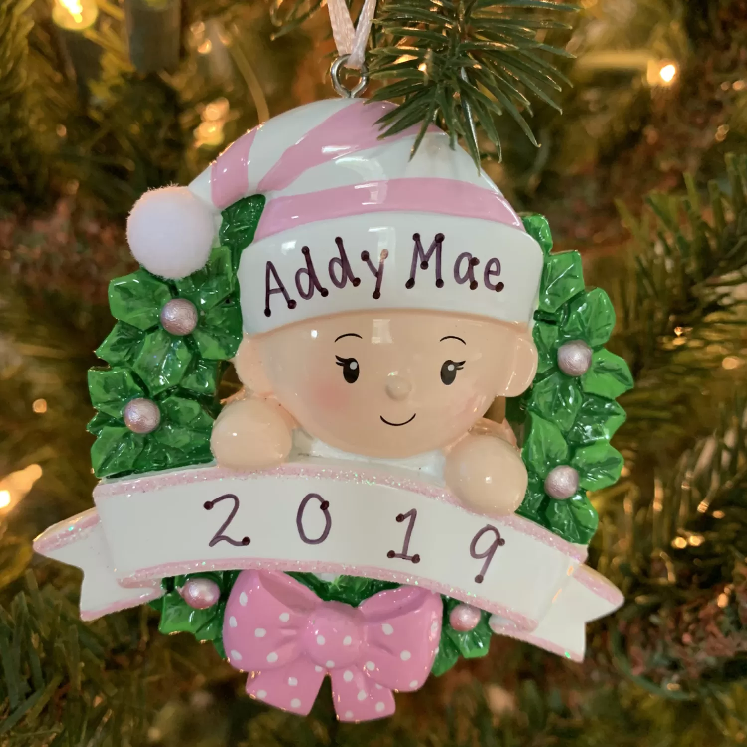 The Jolly Christmas Shop Pink Christmas Decorations | Personalized Ornaments·Baby's First Christmas | Pink Baby Girl In Wreath Personalized Christmas Ornament OR1746-P