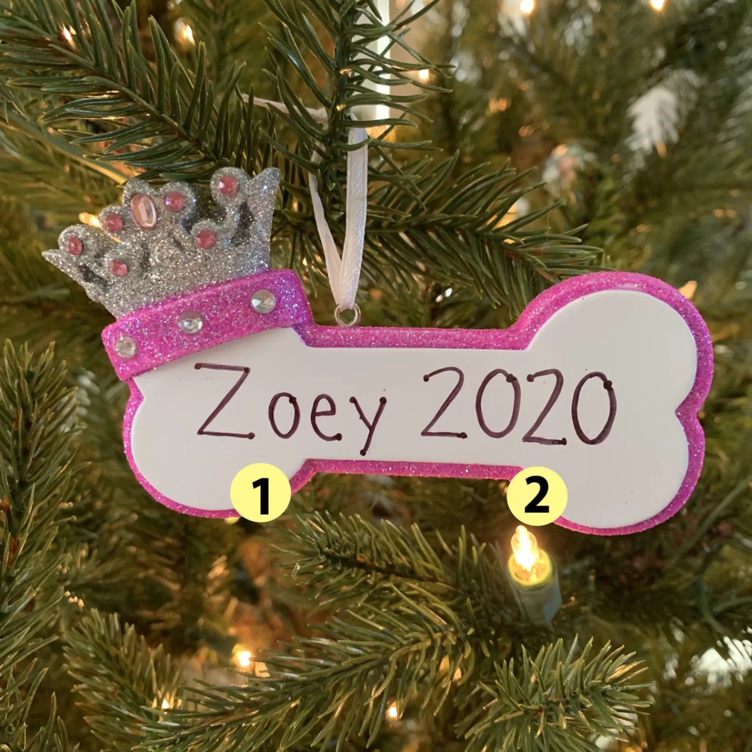 The Jolly Christmas Shop Pink Christmas Decorations | Personalized Ornaments·Pet | Pink Dog Bone With Princess Crown Personalized Christmas Ornament