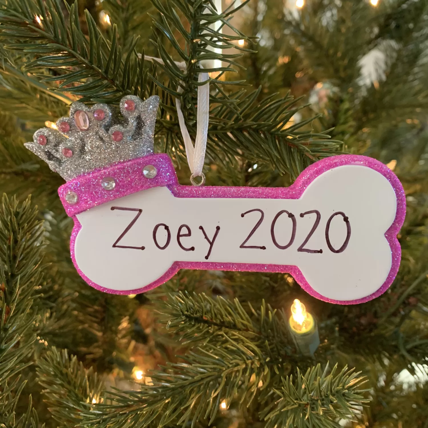 The Jolly Christmas Shop Pink Christmas Decorations | Personalized Ornaments·Pet | Pink Dog Bone With Princess Crown Personalized Christmas Ornament