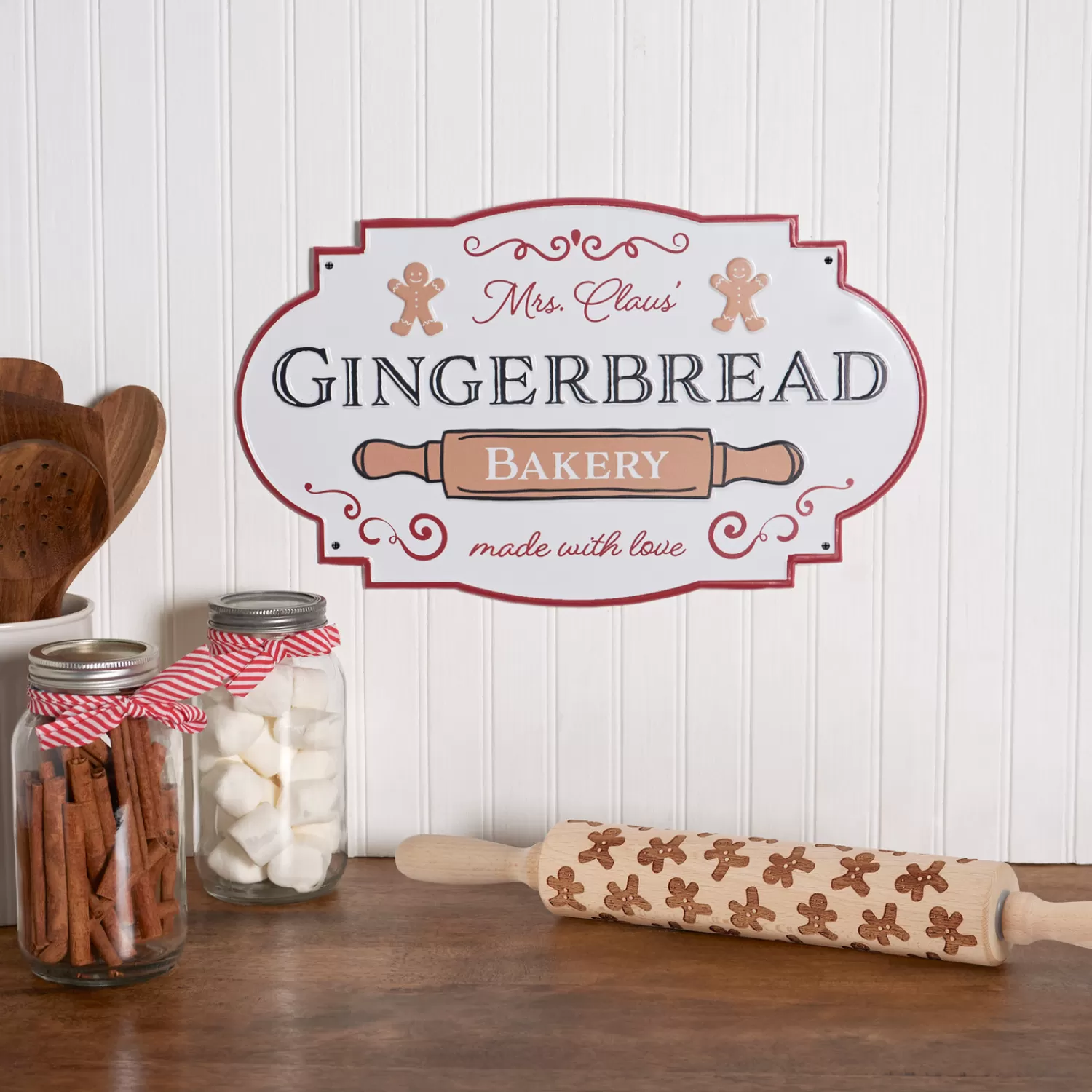 The Jolly Christmas Shop Gingerbread | Gingerbread Lane | Primitives By Kathy 17" Mrs. Claus Gingerbread Bakery Metal Christmas Sign 119010