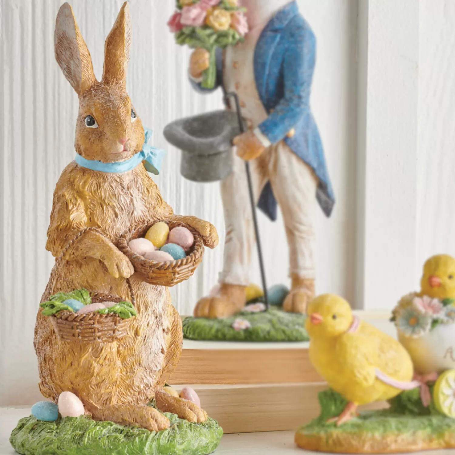 The Jolly Christmas Shop Figurines | Raz 10.5" Vintage Rabbit With Basket Of Eggs Easter Figure 4211092