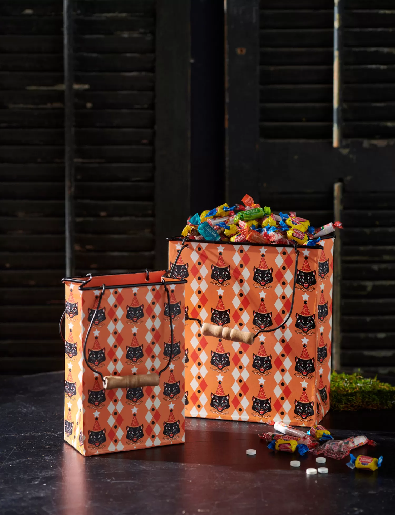 The Jolly Christmas Shop Halloween Indoor Decorations | Halloween Candy Bowls | Raz 10" Retro Party Cat Bag Metal Container Halloween Decoration Set 2 4411222
