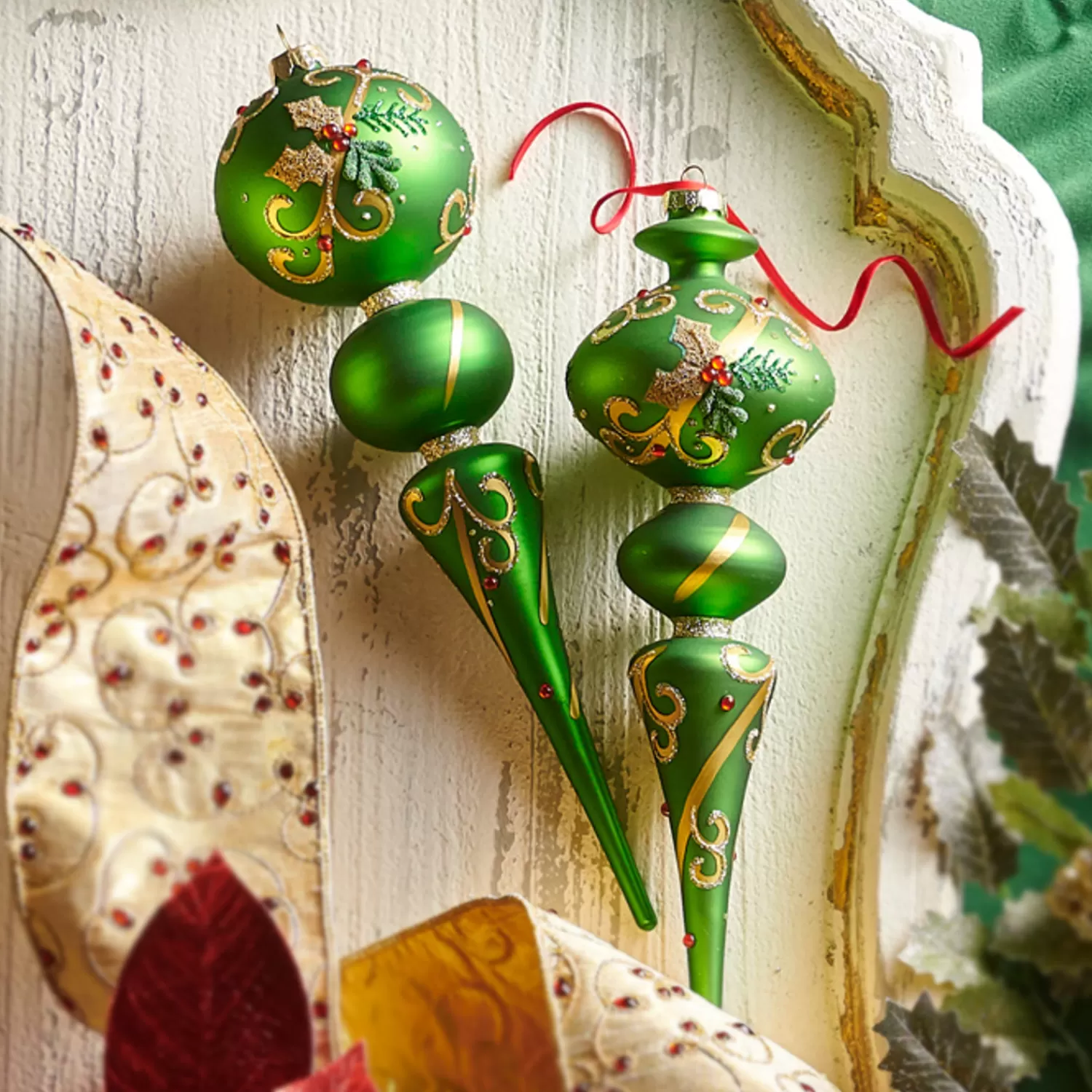 The Jolly Christmas Shop Sleigh Bells | Bells | Raz 11.5" Large Green Holly Leaf Finial Glass Christmas Ornament 4322909