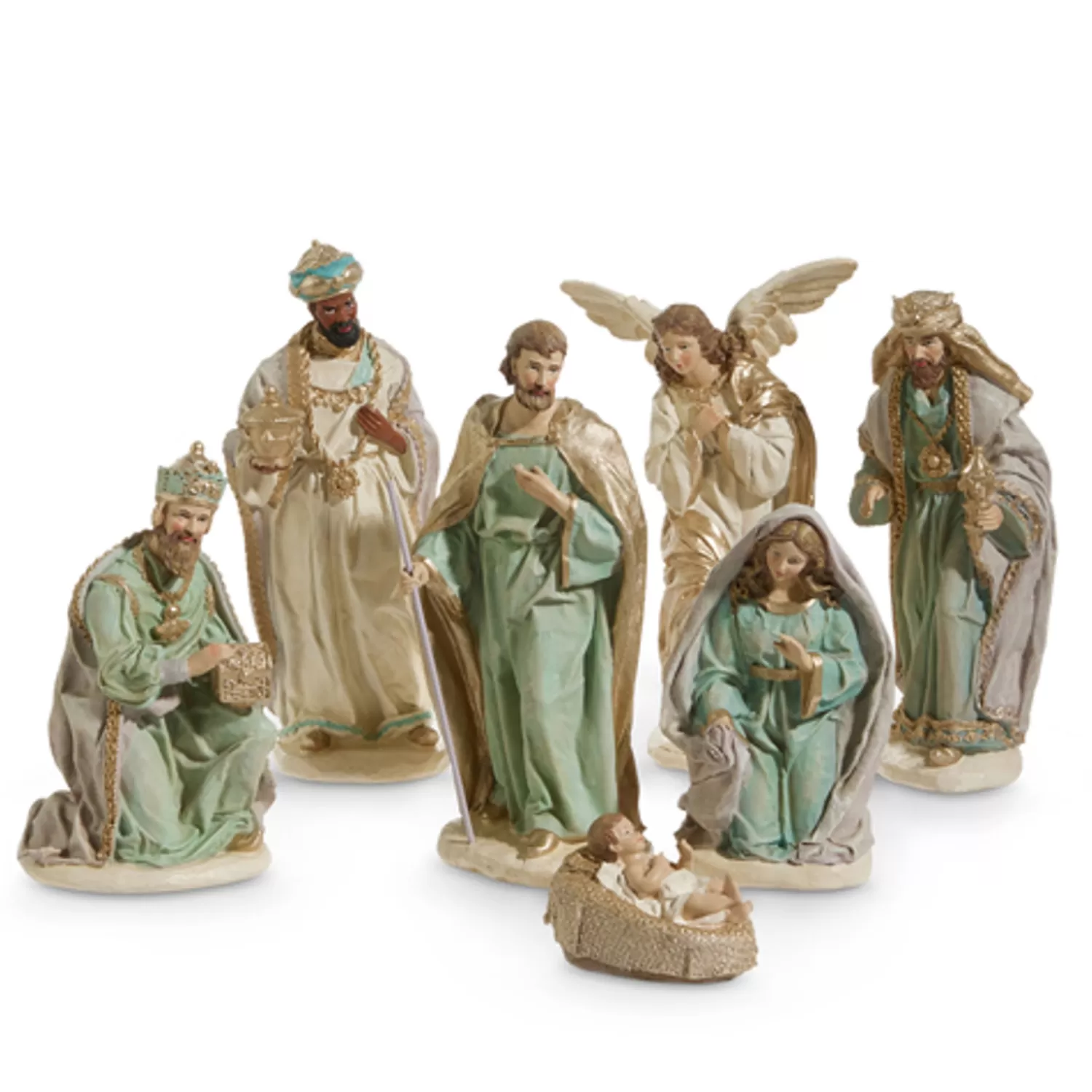 The Jolly Christmas Shop Oh Night Divine | Religious | Raz 12" Ivory And Teal Christmas Nativity Scene 7 Piece Set 4457620