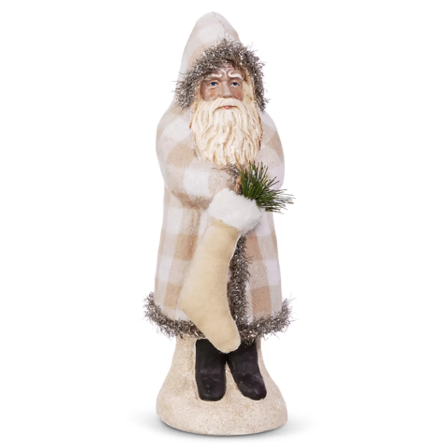 The Jolly Christmas Shop Gingerbread Lane | Santa Christmas Decorations | Raz 12" Ivory Gingham Velvet Santa With Stocking Christmas Figure 4419006
