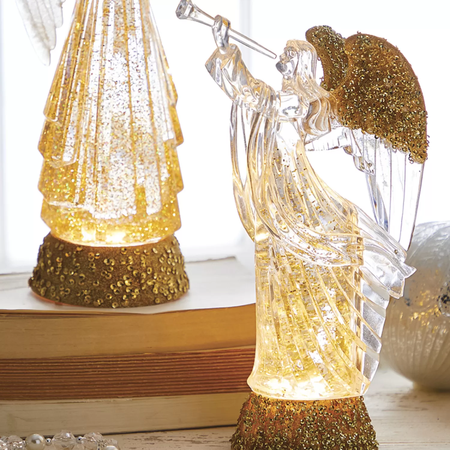 The Jolly Christmas Shop Snowflake Soiree | Champagne Wishes | Raz 12" Lighted Angel With Trumpet Gold Glittered Swirling Water Globe 4219053