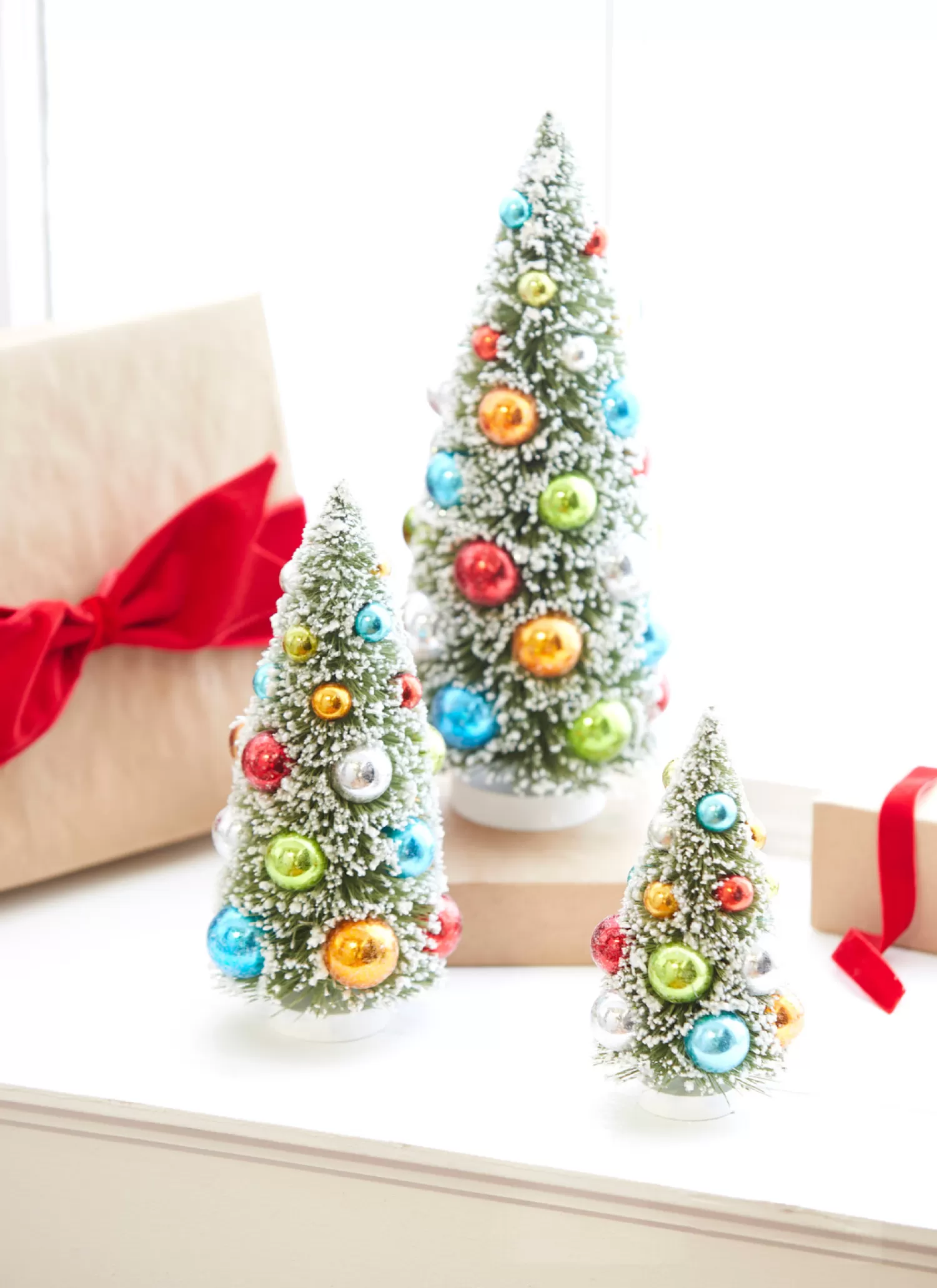 The Jolly Christmas Shop Vintage Farm House | Vintage Decorations | Raz 12" Set Of 3 Snowy Bottle Brush Trees With Colorful Ornaments Christmas Trees 4316153