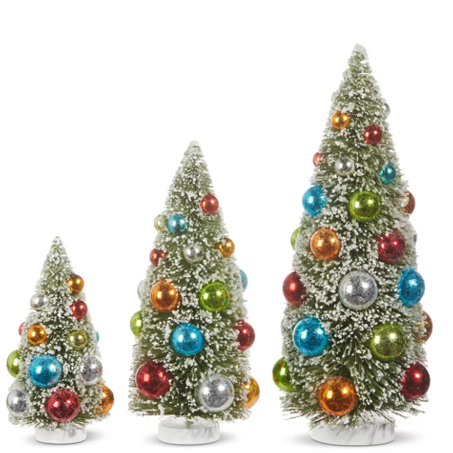 The Jolly Christmas Shop Vintage Farm House | Vintage Decorations | Raz 12" Set Of 3 Snowy Bottle Brush Trees With Colorful Ornaments Christmas Trees 4316153