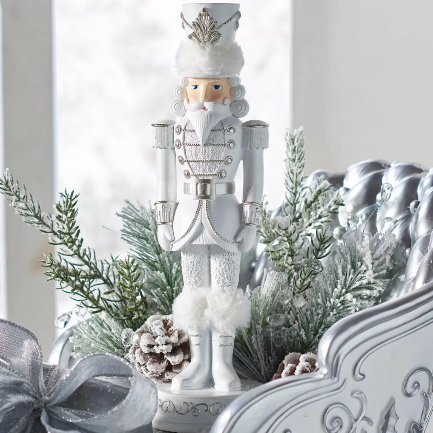 The Jolly Christmas Shop Snowflake Soiree | Nutcracker Decorations | Raz 13" White And Silver Nutcracker Christmas Decoration 4457621