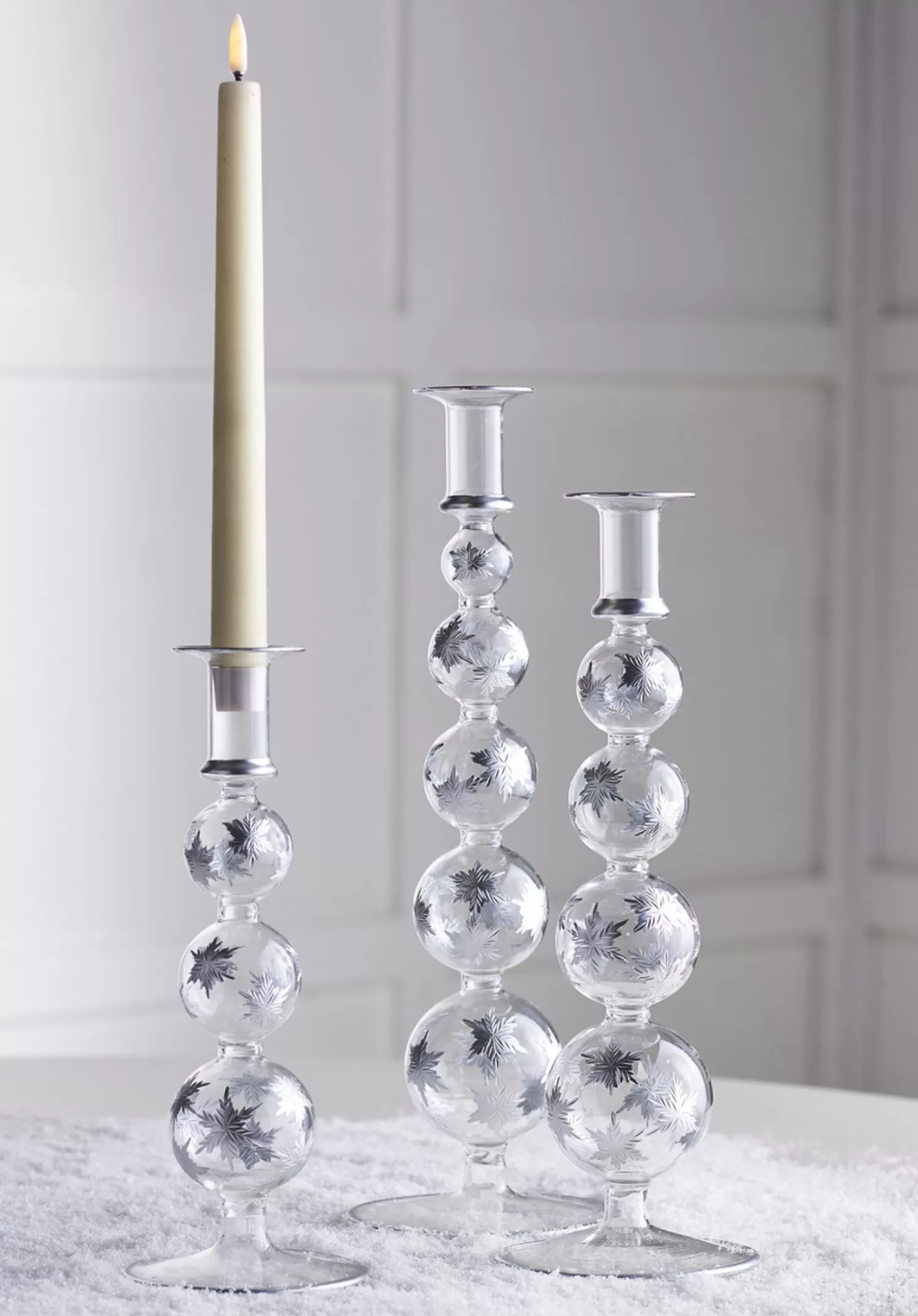 The Jolly Christmas Shop Snowflake Soiree | Snow Christmas Decorations | Raz 14.5" Silver Etched Snowflake Christmas Taper Candle Sticks Candle Holder Set Of 3 4424629