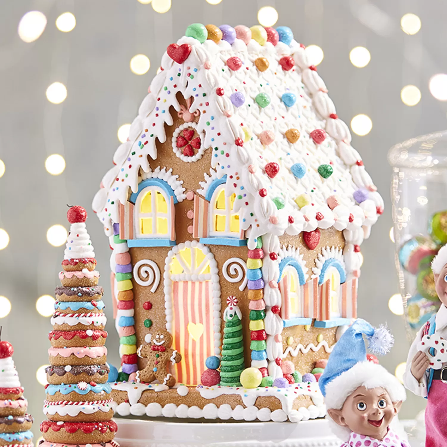 The Jolly Christmas Shop Jingle And Cocoa | Gingerbread | Raz 14" LED Lighted Claydough Pastel Colored Gingerbread House Christmas Figure 3919187