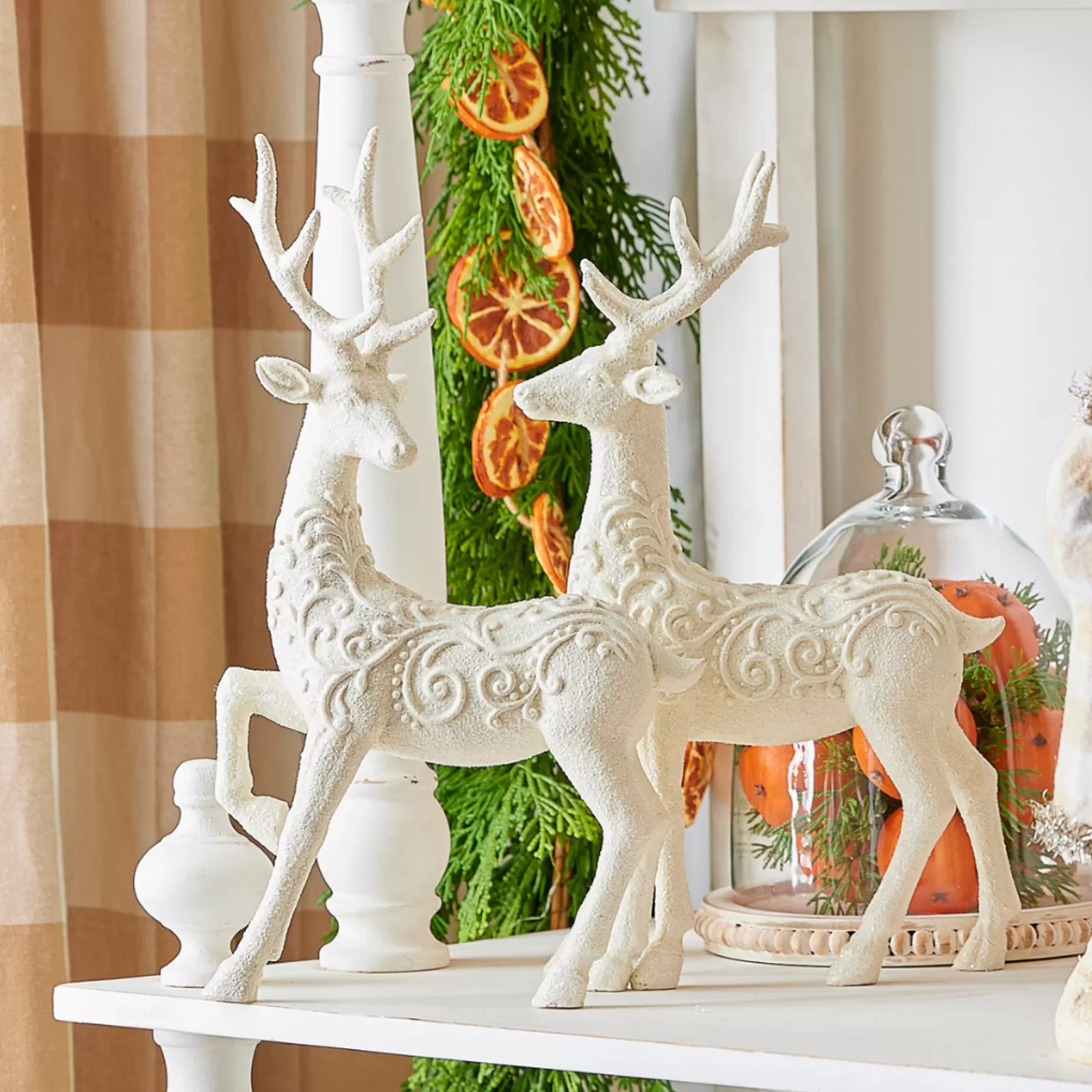 The Jolly Christmas Shop Gingerbread Lane | Reindeer | Raz 14" Scrollwork White Deer Christmas Figure Set Of 2 4401610
