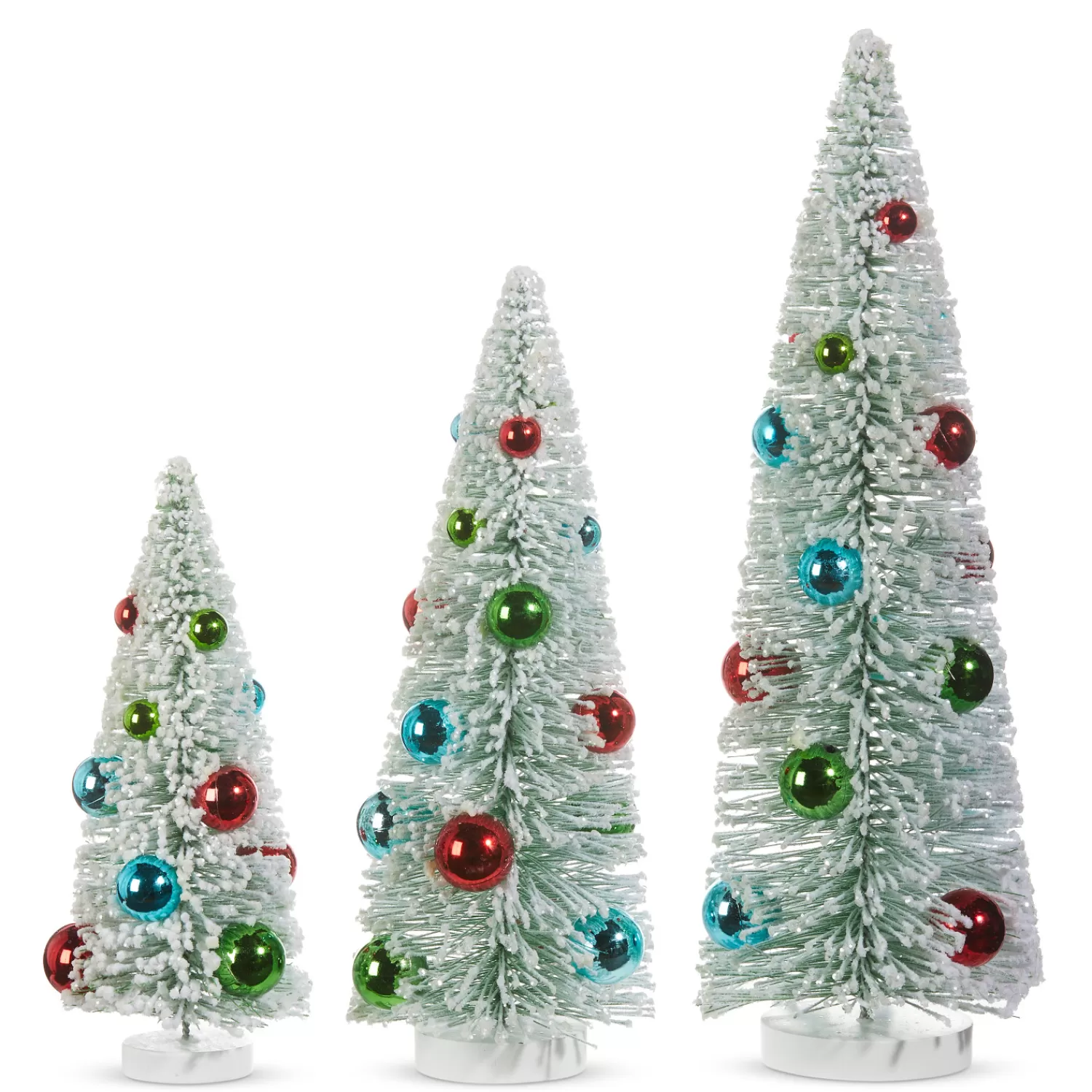 The Jolly Christmas Shop Tinsel Town | Snowflake Soiree | Raz 15" Snowy Bottle Brush Trees With Bright Ornaments Set Of 3 4316154