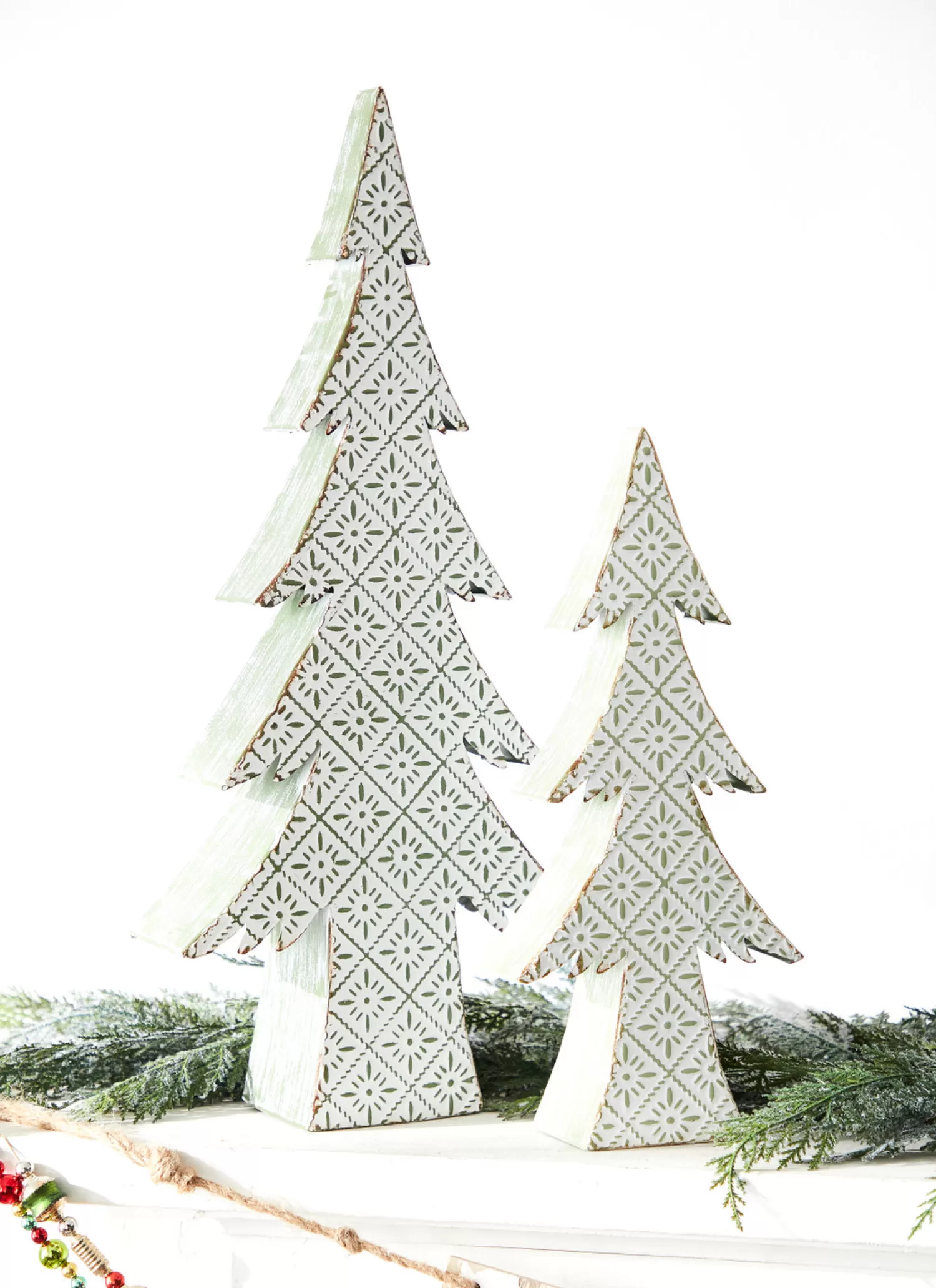 The Jolly Christmas Shop Vintage Farm House | Houses And Accessories·Trees | Raz 16.25" Or 22" Large Green And White Distressed Embossed Christmas Tree Decoration