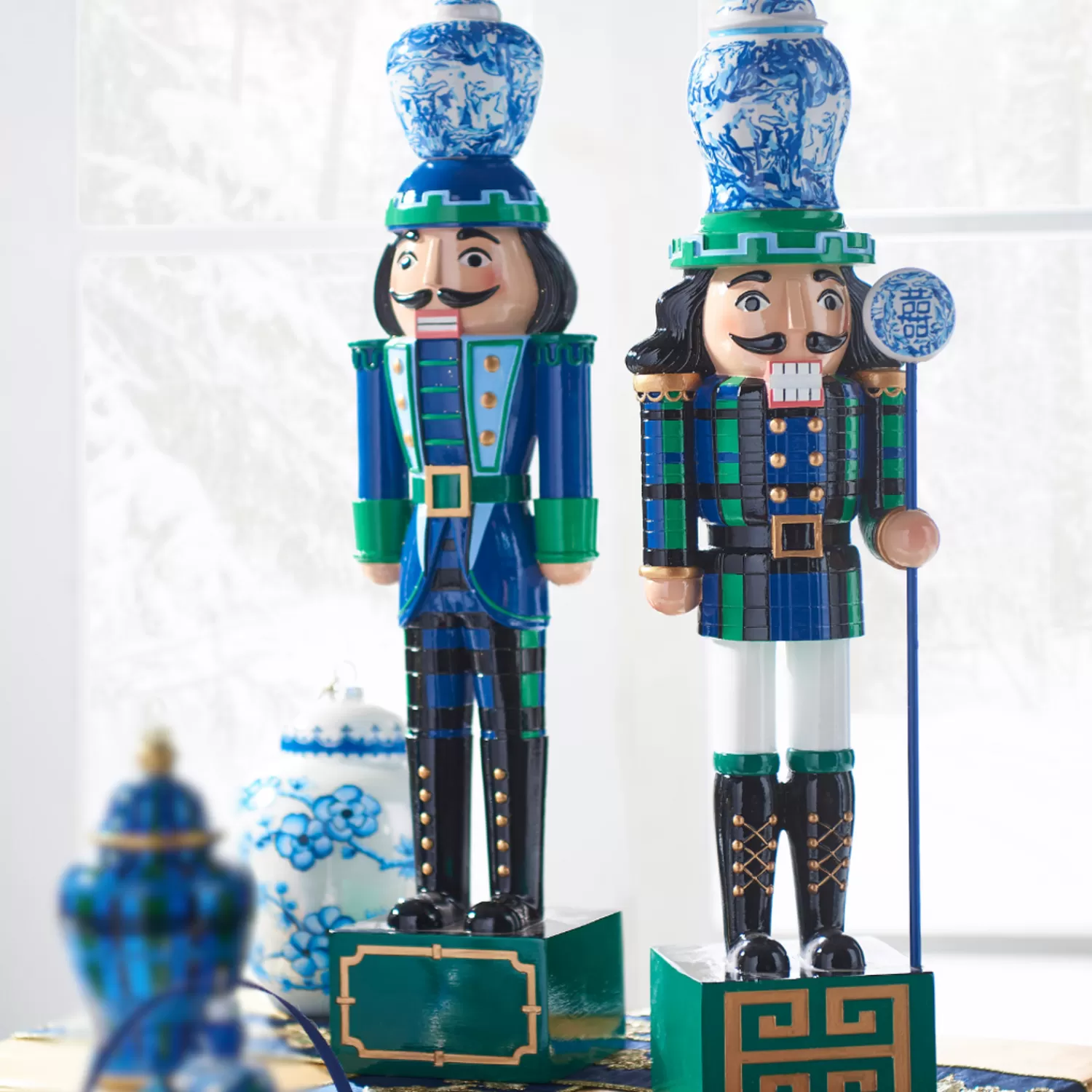 The Jolly Christmas Shop Tartan Traditions | Plaid | Raz 19" Black Watch Tartan And Delft Christmas Nutcracker Figure 4401628