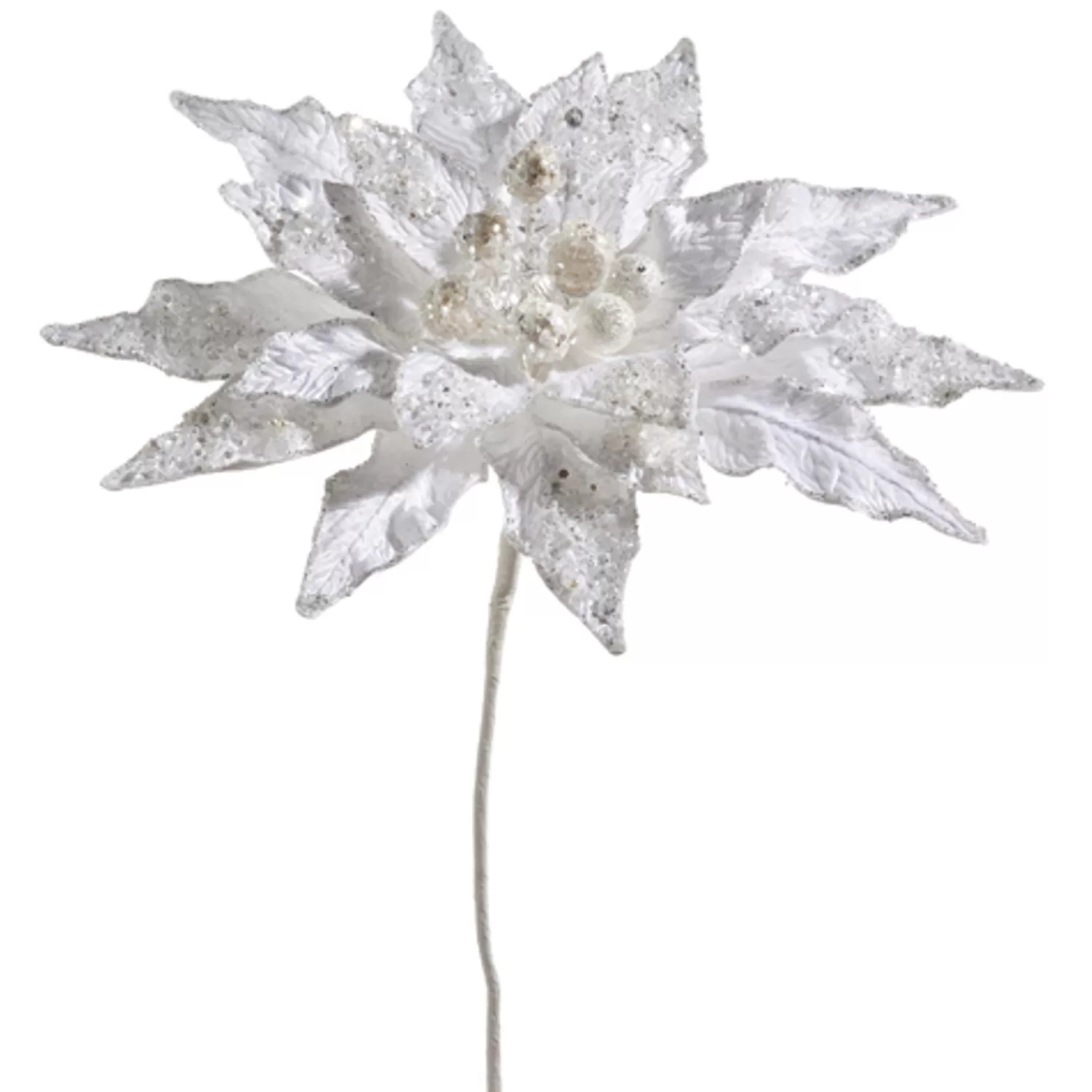 The Jolly Christmas Shop Snowflake Soiree | Snow Christmas Decorations | Raz 19" White Beaded Large Poinsettia Christmas Tree Pick F4448007