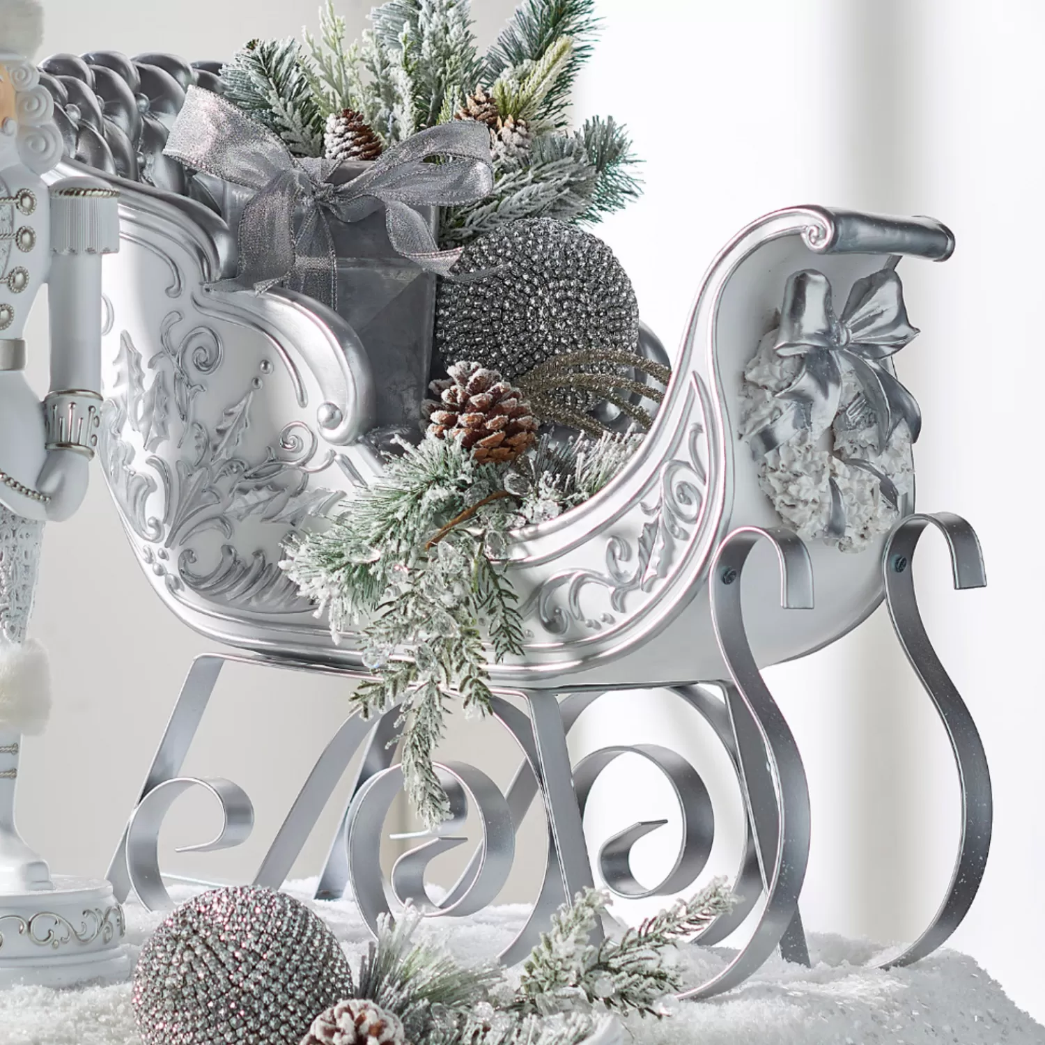 The Jolly Christmas Shop Snowflake Soiree | Figures | Raz 22.5" Silver And White Metal Sleigh Christmas Decoration 4457604