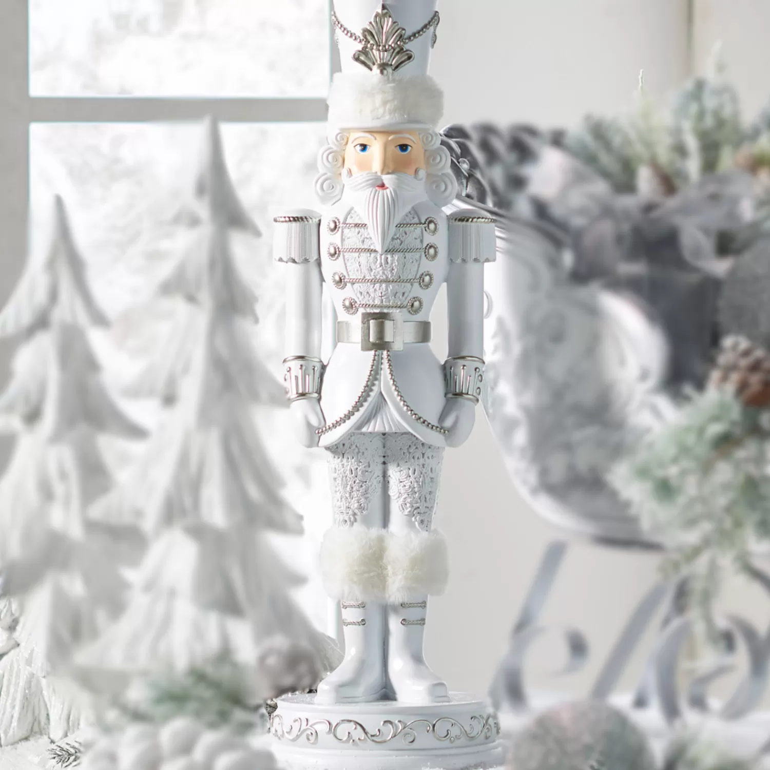 The Jolly Christmas Shop Snowflake Soiree | Snow Christmas Decorations | Raz 22.75" White And Silver Christmas Nutcracker Decoration 4457662
