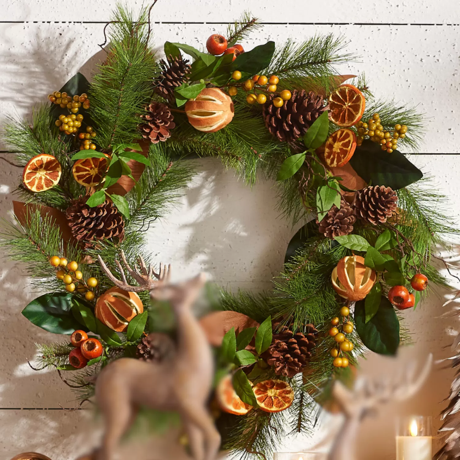 The Jolly Christmas Shop Fall Home Decor | Gingerbread Lane | Raz 24" Mixed Magnolia Leaf And Orange Christmas Wreath W4302475