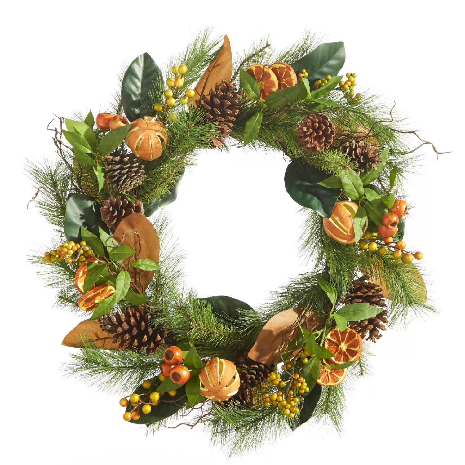The Jolly Christmas Shop Fall Home Decor | Gingerbread Lane | Raz 24" Mixed Magnolia Leaf And Orange Christmas Wreath W4302475