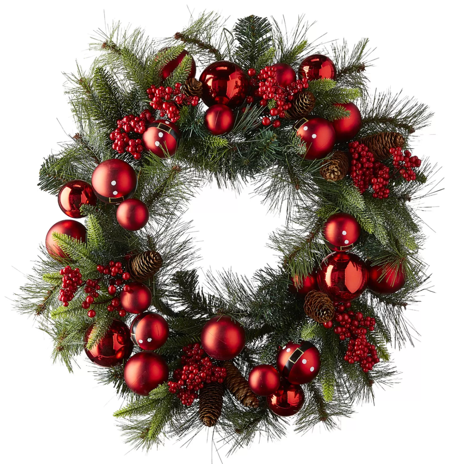 The Jolly Christmas Shop Sleigh Bells | Santa Christmas Decorations | Raz 26" Mixed Pine And Santa Belt Ball Christmas Wreath W4102346
