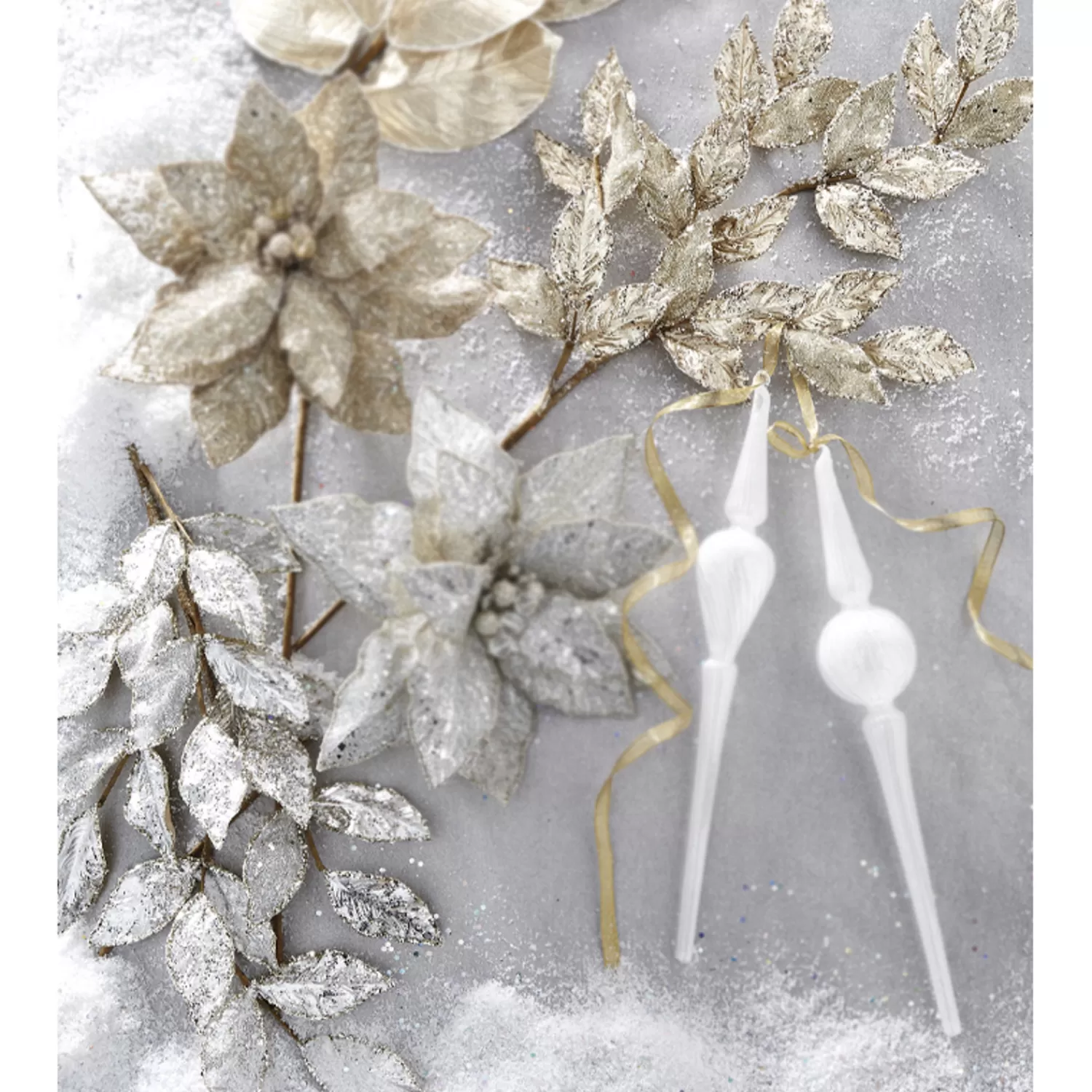 The Jolly Christmas Shop Snowflake Soiree | Champagne Wishes | Raz 29" Champagne Or Silver Glittered Leaf Christmas Tree Spray