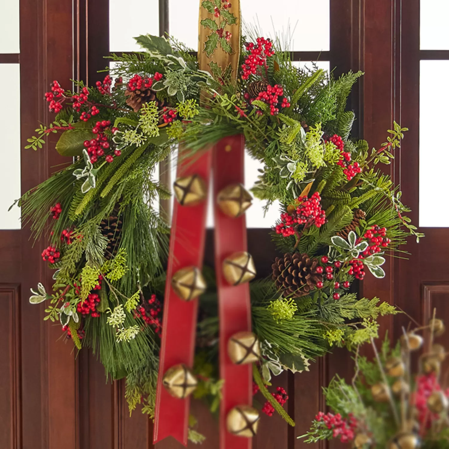 The Jolly Christmas Shop Sleigh Bells | Traditional Christmas Decorations | Raz 30" Mixed Greenery With Pinecone And Berry Wreath W4111581