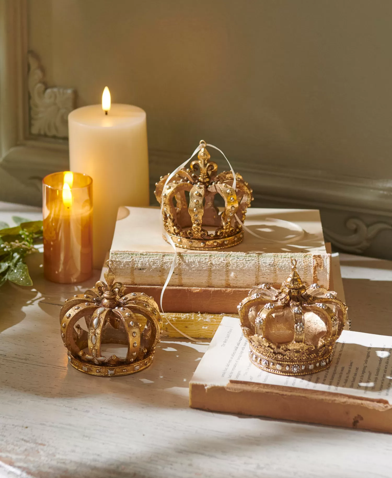 The Jolly Christmas Shop Oh Night Divine | Religious | Raz 3.5" Gold Crown Christmas Ornaments Set Of 3 4412122