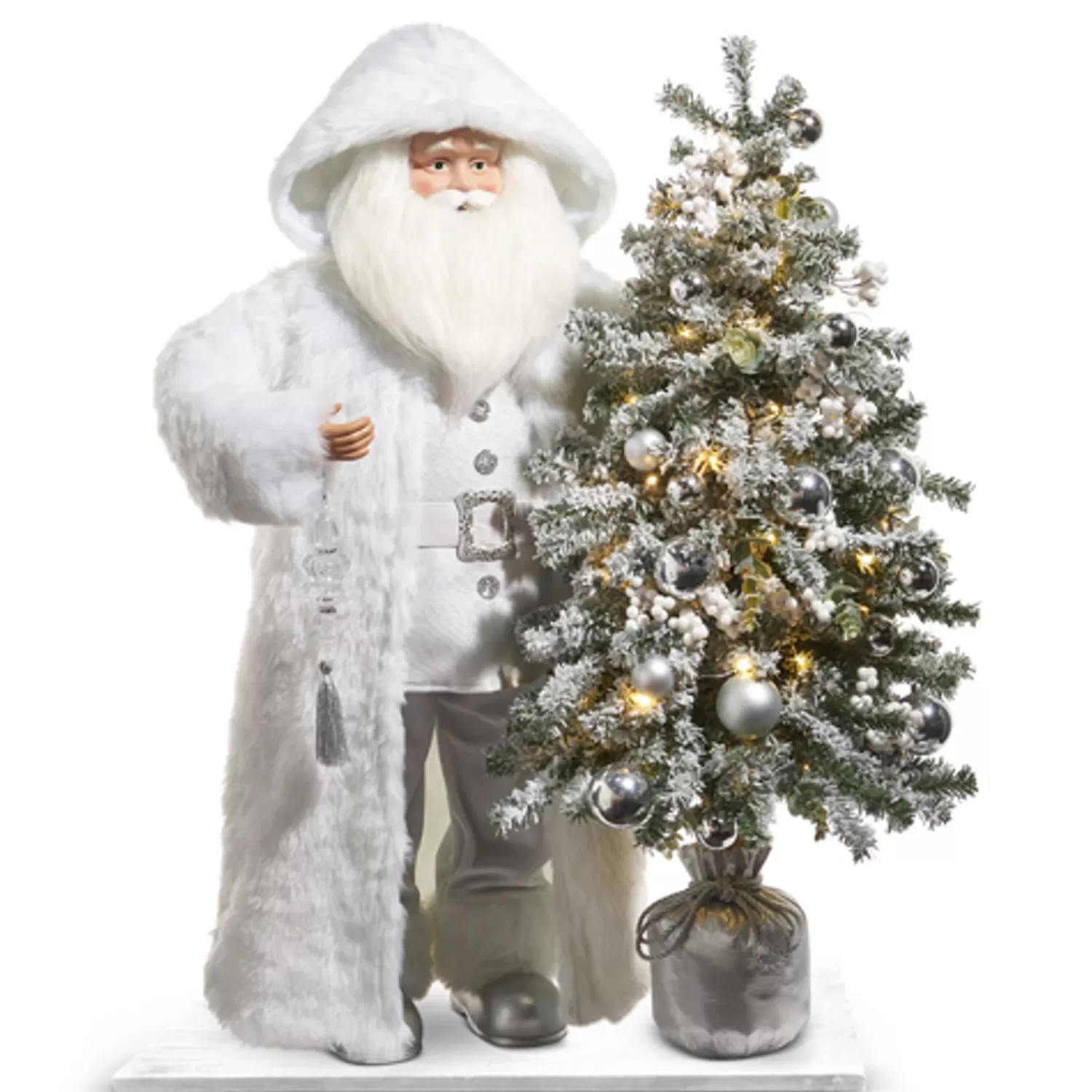 The Jolly Christmas Shop Snowflake Soiree | Snow Christmas Decorations | Raz 37" Arctic Winter White Santa With Lighted Tree Christmas Decoration 4415588