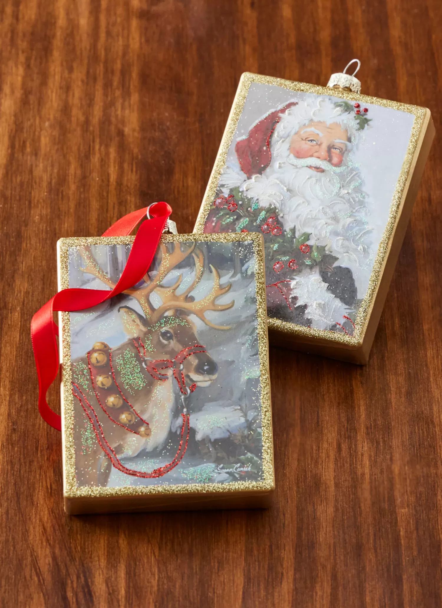 The Jolly Christmas Shop Sleigh Bells | Bells | Raz 4.5" Santa Or Reindeer Painted Style Glass Christmas Ornament