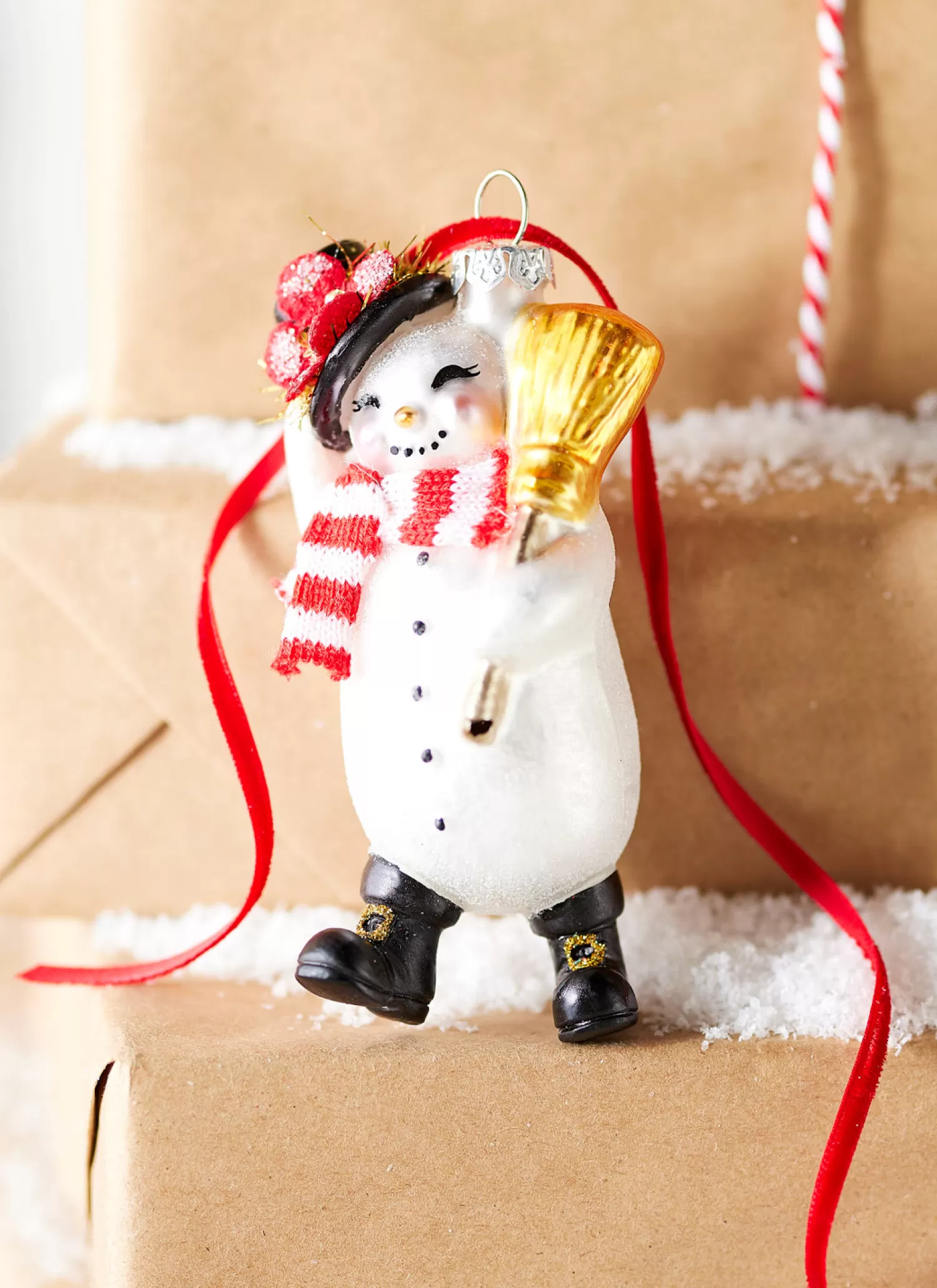 The Jolly Christmas Shop Vintage Farm House | Vintage Reincarnated | Raz 4.5" Snowman With Broom Glass Christmas Ornament 4319000