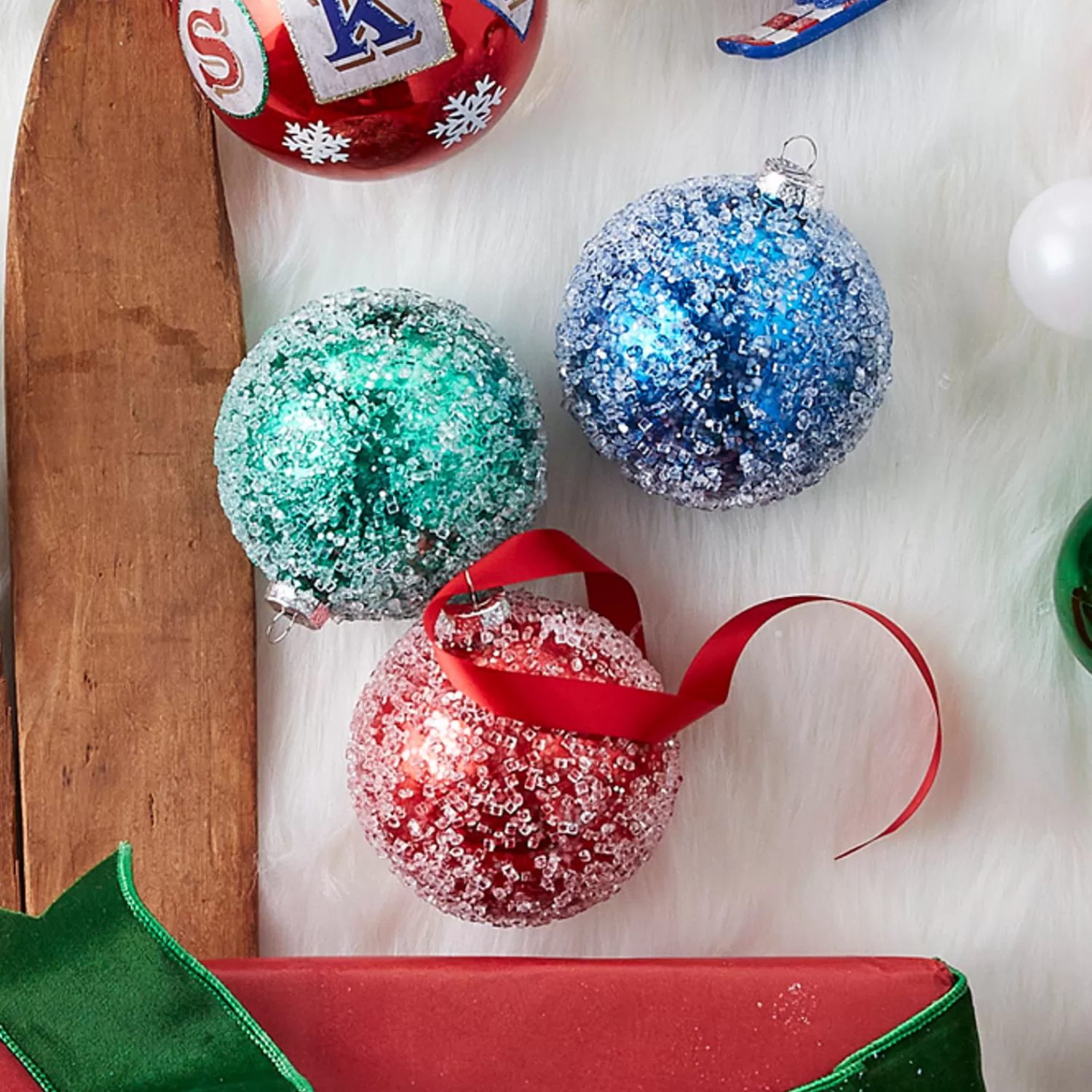 The Jolly Christmas Shop Sleigh Bells | Bells | Raz 4" Green, Blue Or Red Iced Ball Glass Christmas Ornament 4324542