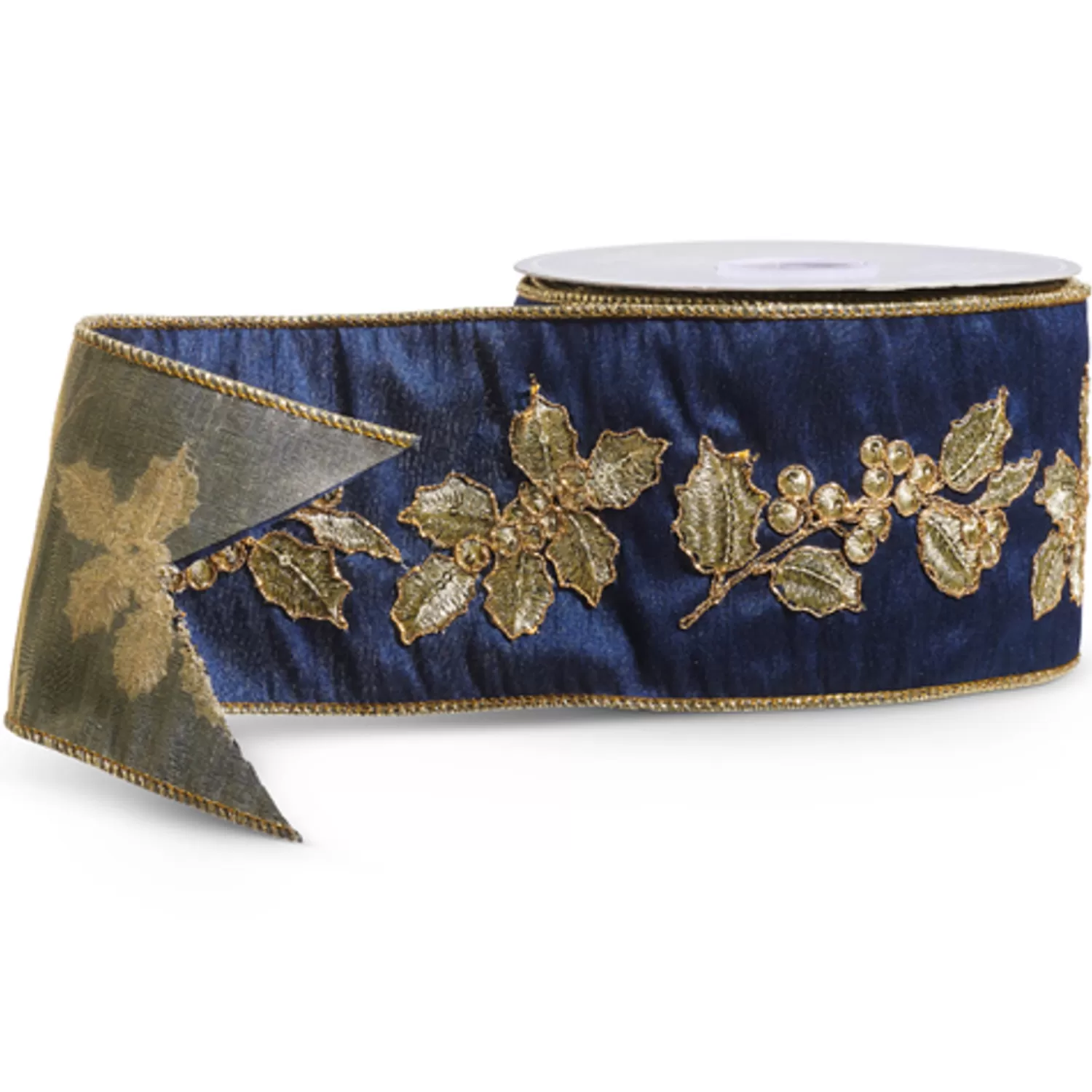 The Jolly Christmas Shop Tartan Traditions | Elegant | Raz 4" Navy Blue And Gold Holly Wired Christmas Ribbon R4427720