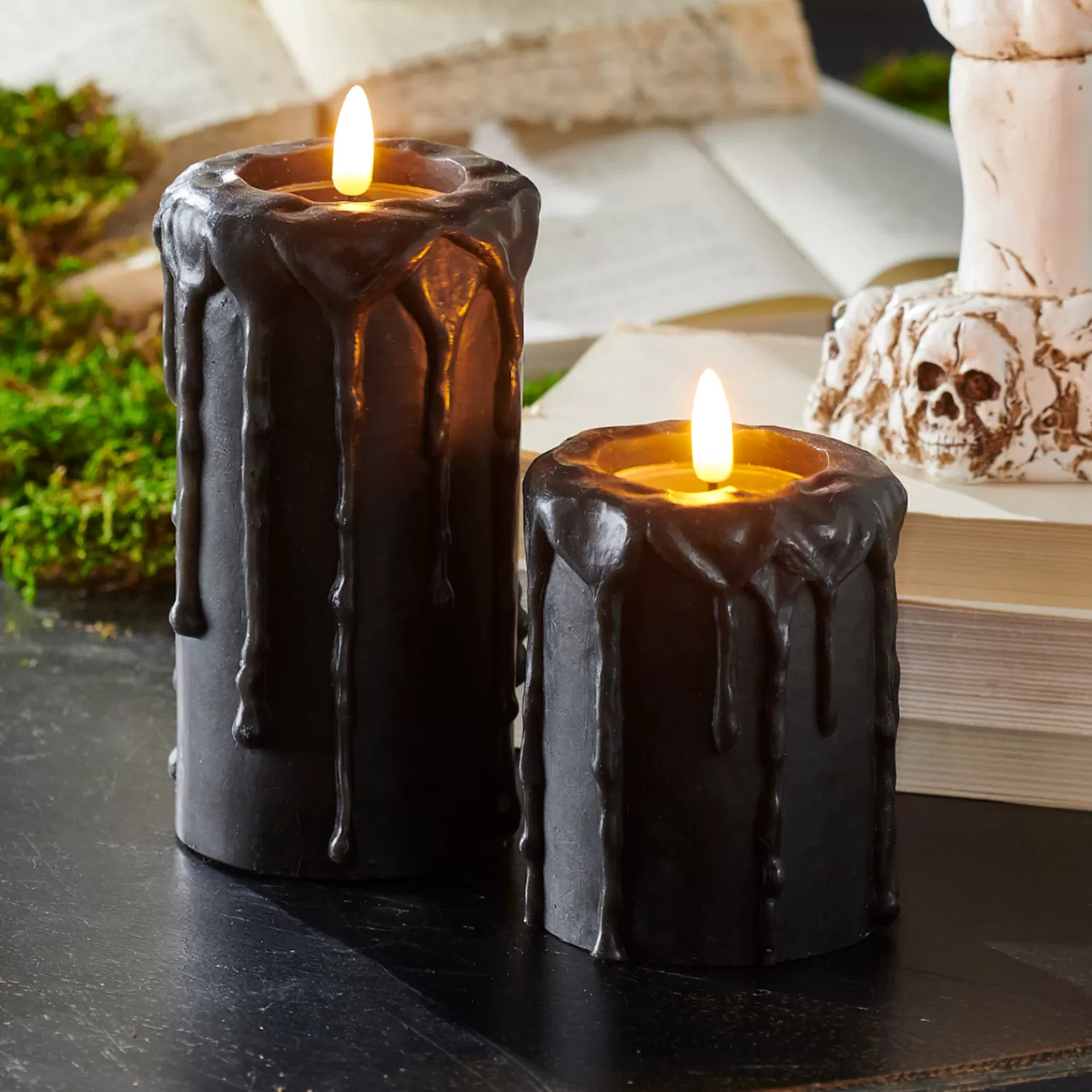 The Jolly Christmas Shop Halloween Candles & Candle Holders | Raz 4" Or 6" Black Drip Battery Operated Halloween Candle With Lighted Flickering Wick