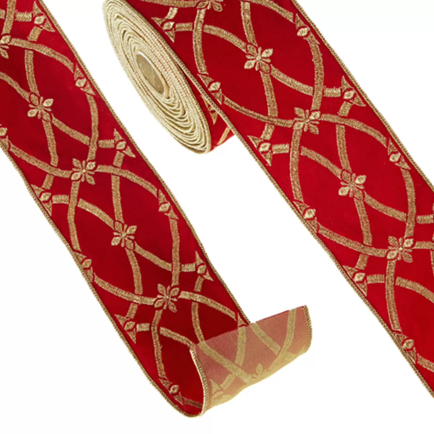 The Jolly Christmas Shop O Tannebaun | Traditional Christmas Decorations | Raz 4" Red And Gold Patterned Wired Christmas Ribbon R4327721