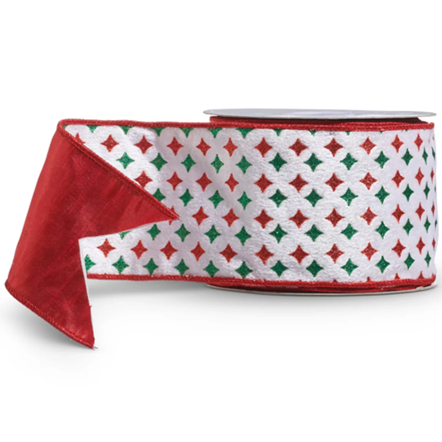 The Jolly Christmas Shop Vintage Farm House | Vintage Reincarnated | Raz 4" Red And Green Diamond Starburst Wired Christmas Ribbon R4427745