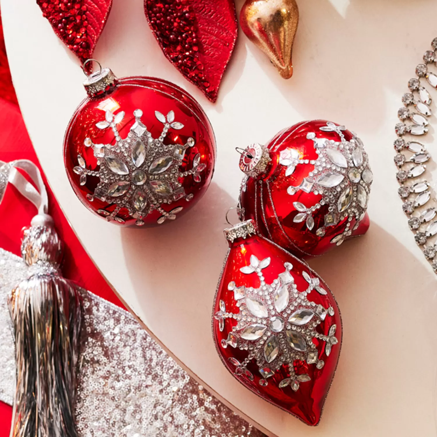 The Jolly Christmas Shop Sleigh Bells | Bells | Raz 4" Red Jeweled Snowflake Glass Christmas Ornament 4324540