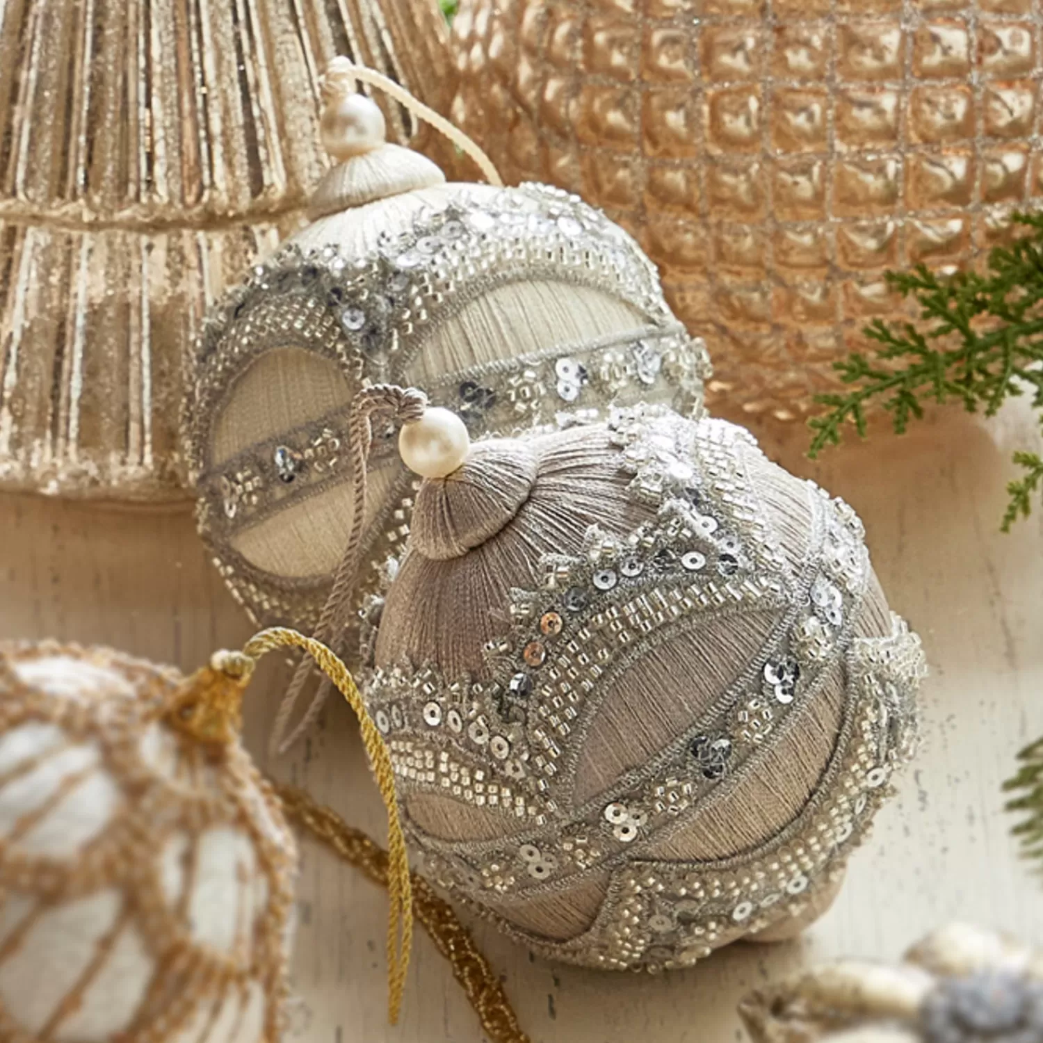 The Jolly Christmas Shop Sleigh Bells | Bells | Raz 4" Silver Or Ivory Jewel And Wrapped Thread Ball Christmas Ornament 4327325