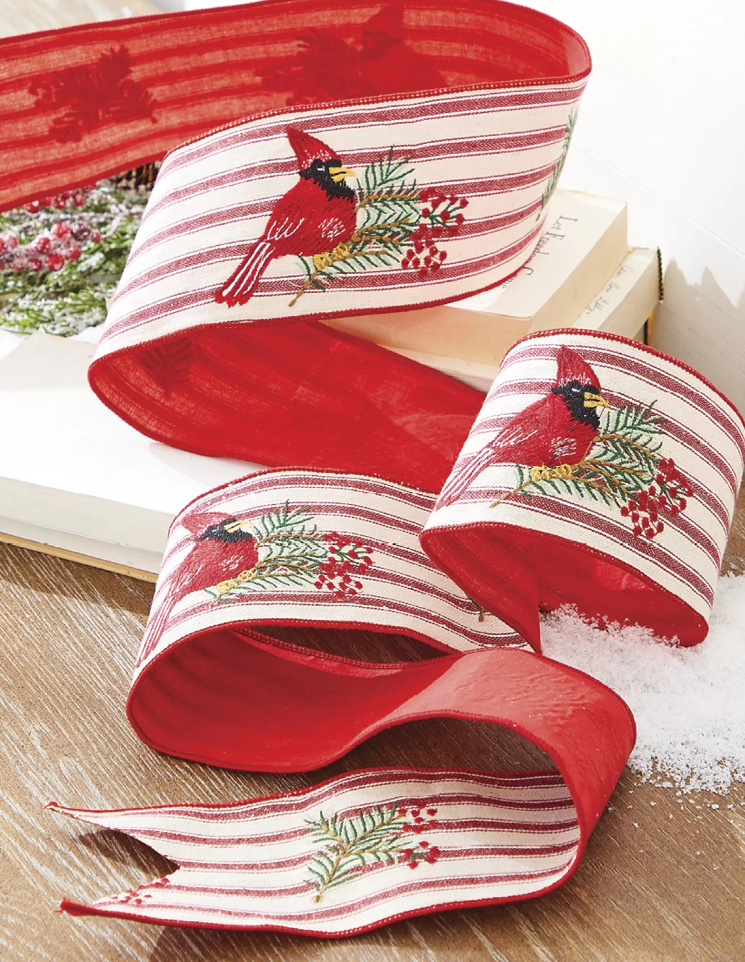 The Jolly Christmas Shop O Tannebaun | Woodland Wonder | Raz 4" Ticking Stripe Cardinal Embroidered Wired Christmas Ribbon R4227725