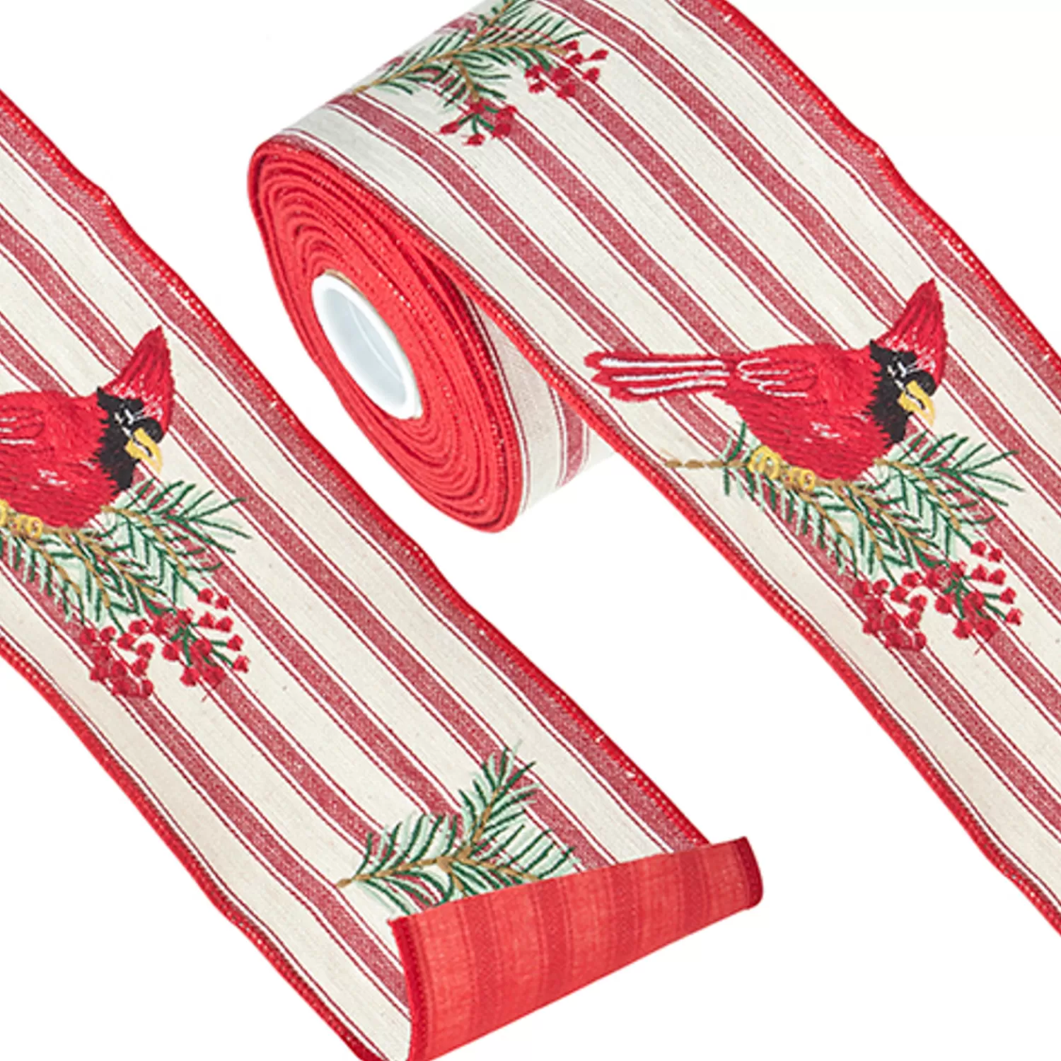 The Jolly Christmas Shop O Tannebaun | Woodland Wonder | Raz 4" Ticking Stripe Cardinal Embroidered Wired Christmas Ribbon R4227725